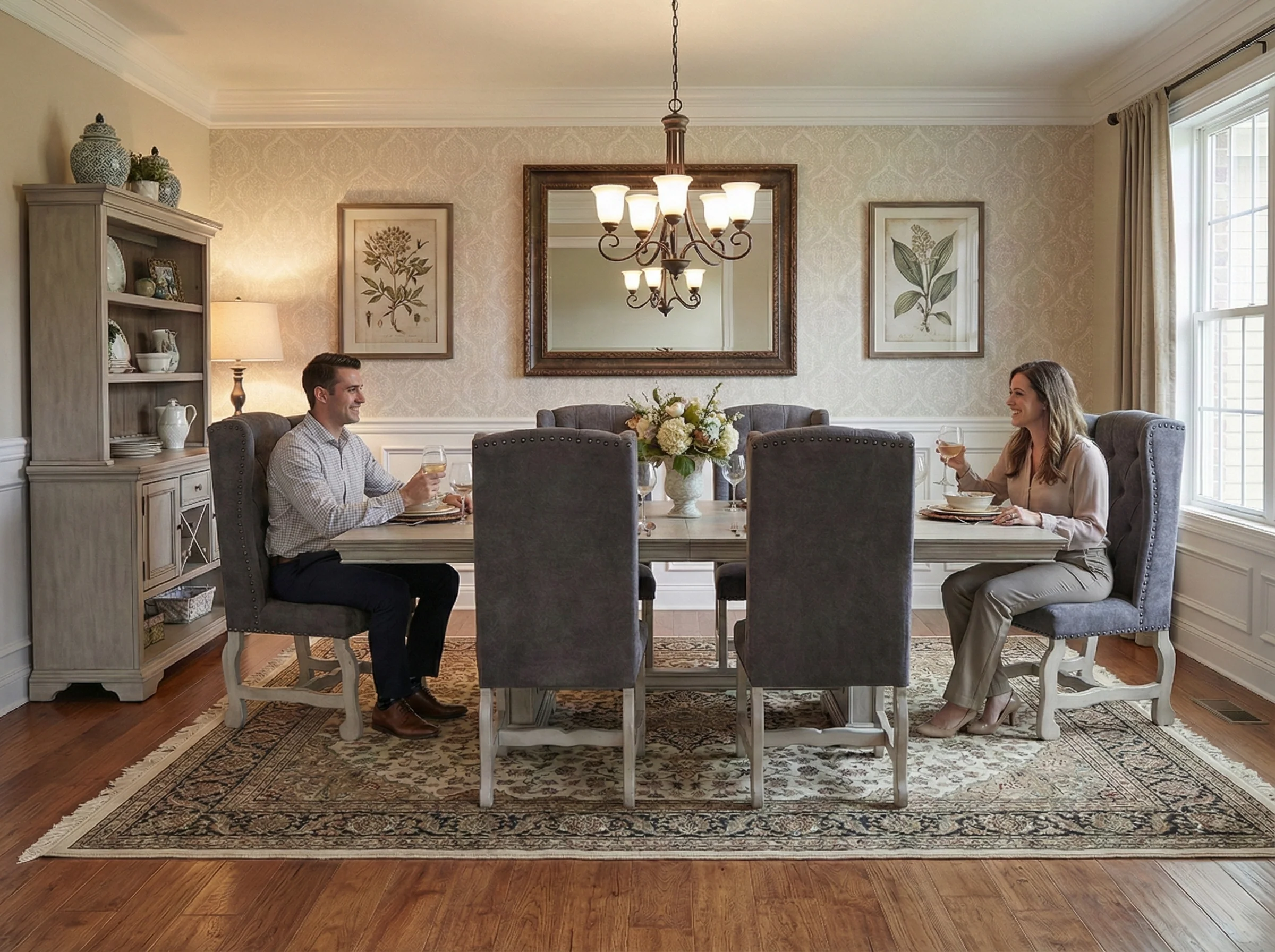 Aspen Grey 7-Piece Solid Wood Dining Room Set with Tufted Wingback Chairs - Image 6