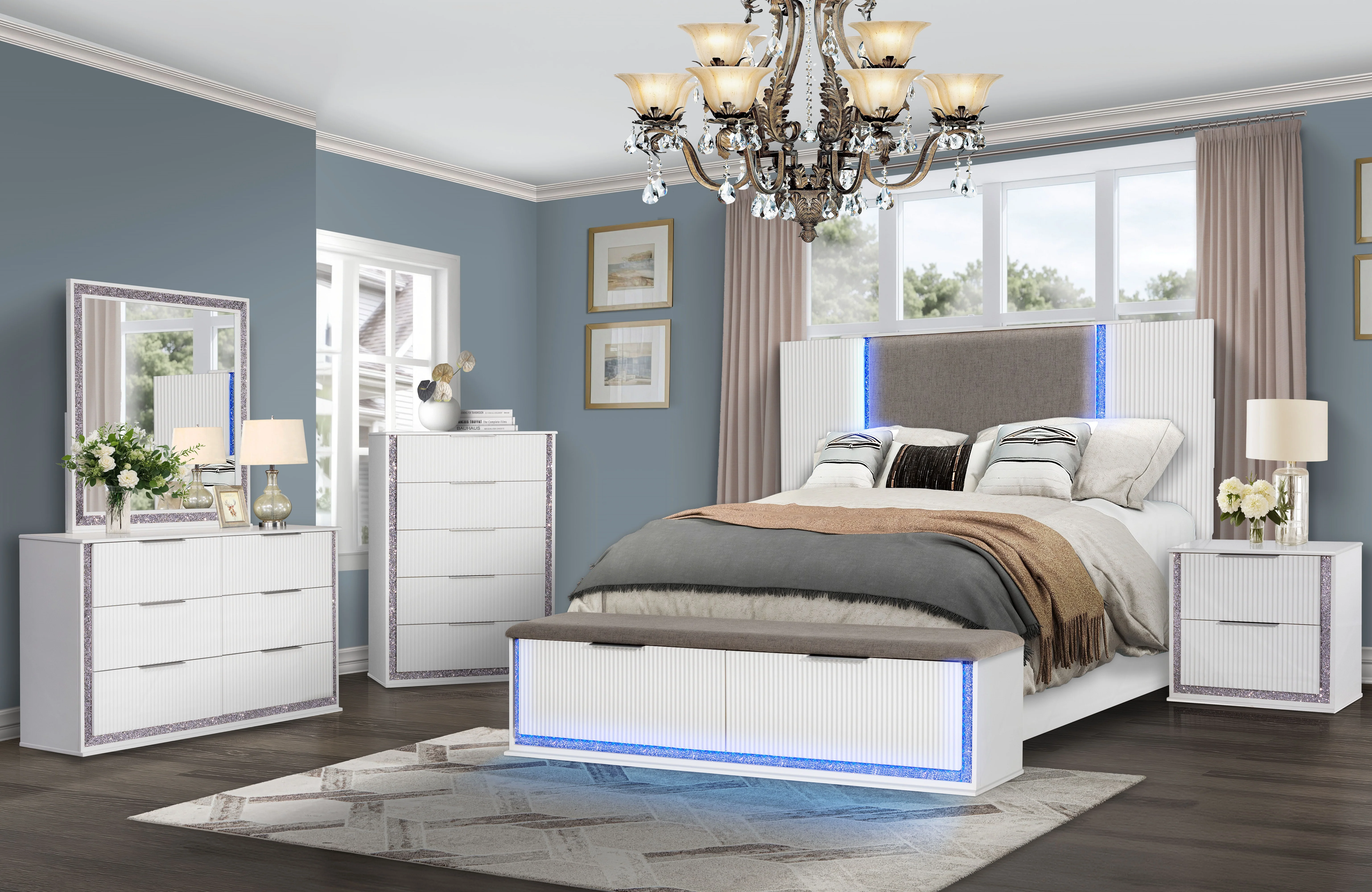 Aurora White LED 6-Piece Bedroom Set with Storage