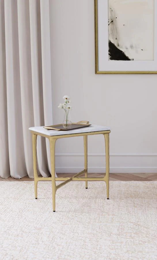 Baldwin - Rectangular Marble Top Side Table - White And Gold - Image 2