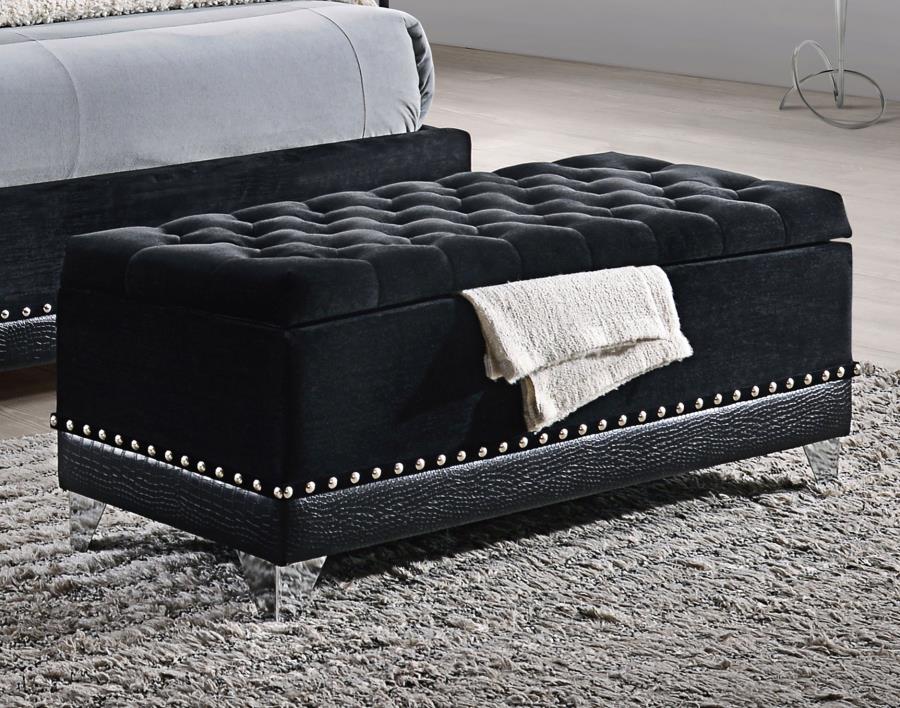 Barzini - Velvet Upholstered Tufted Storage Bench - Black - Image 2