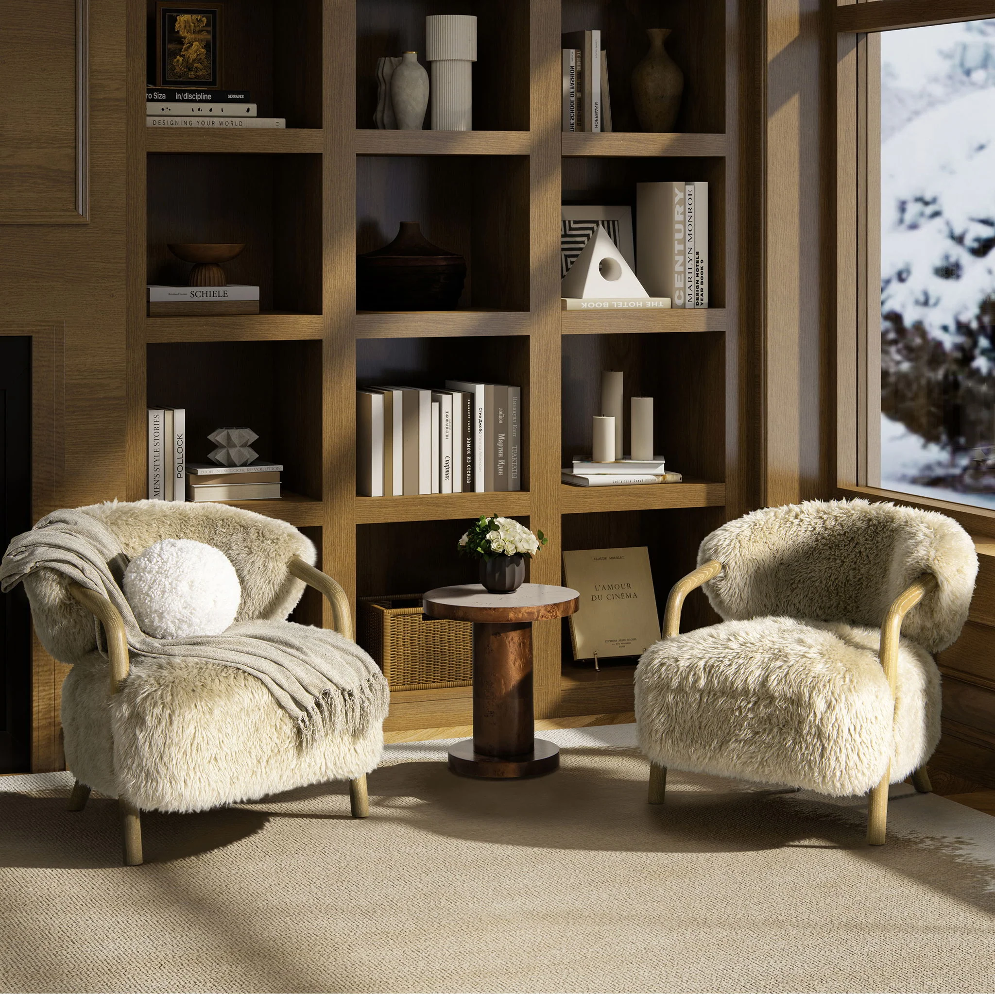 Becker - Rustic Oak Sheepskin Upholstered Accent Arm Chair - Taupe Beige - Image 4