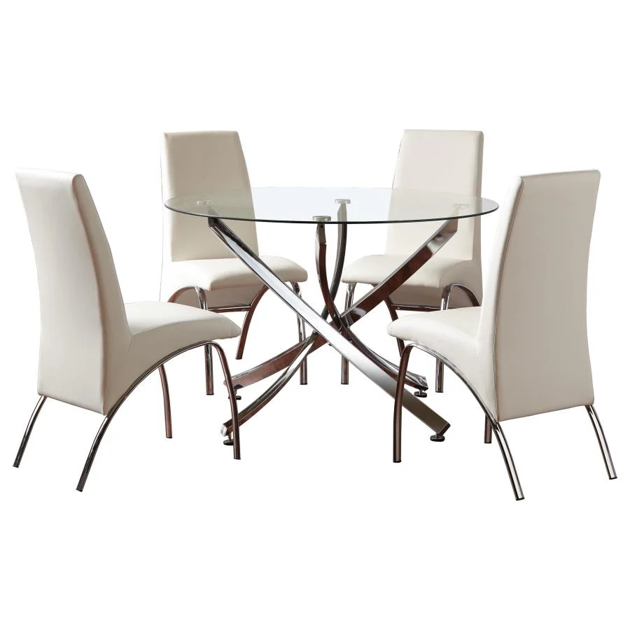 Beckham - 5 Piece Round Glass Top Dining Set - Chrome And White - Image 2
