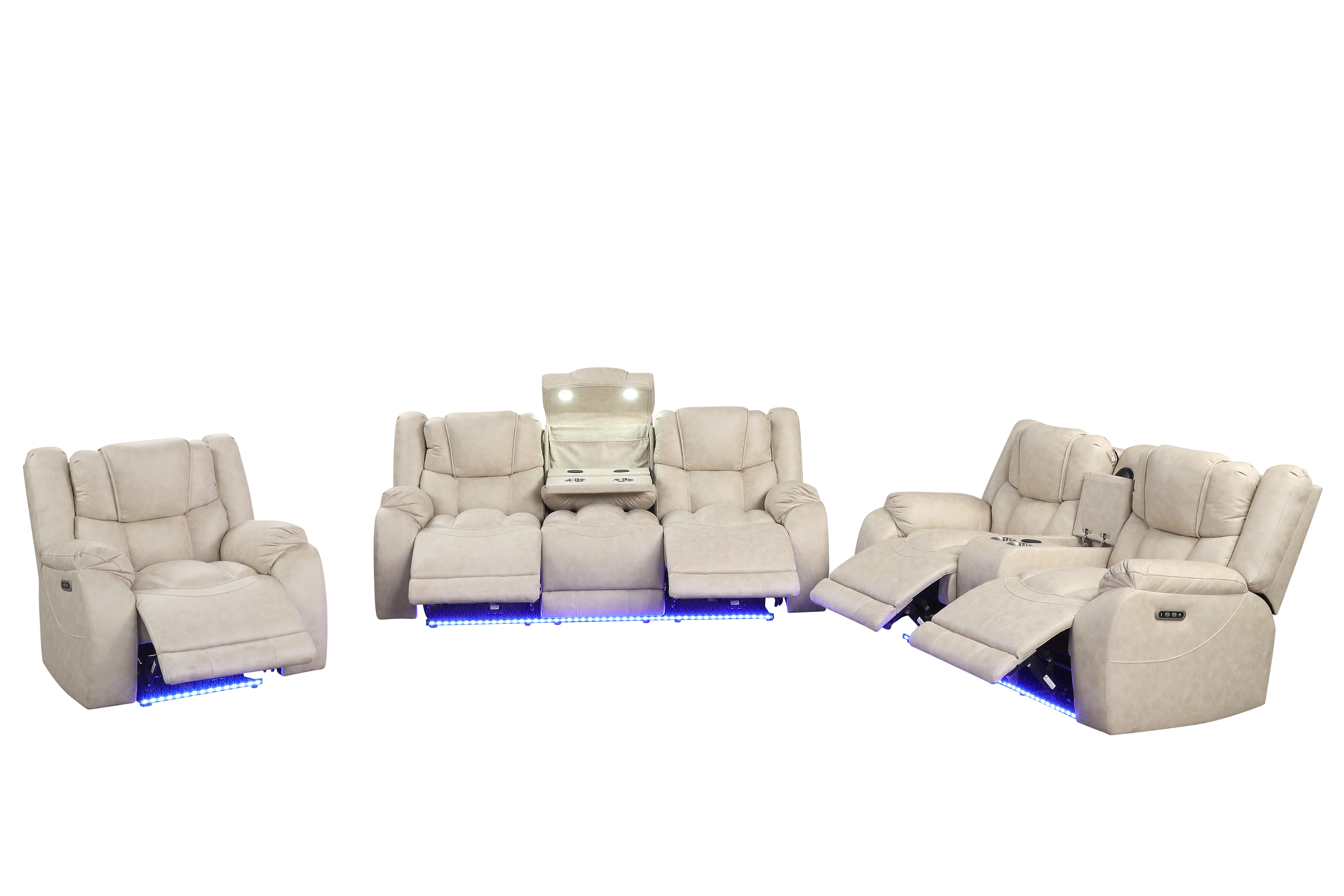 Beige Air Leather 3-Piece Power Reclining Living Room Set w/ LED Lights, USB, Wireless Charging & Bluetooth Speaker - Image 3