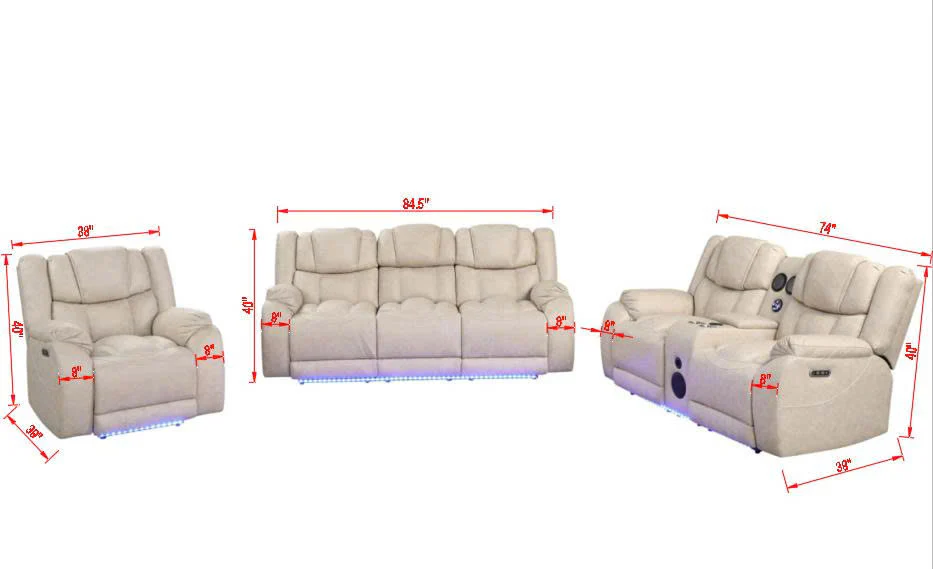 Beige Air Leather 3-Piece Power Reclining Living Room Set w/ LED Lights, USB, Wireless Charging & Bluetooth Speaker - Image 7