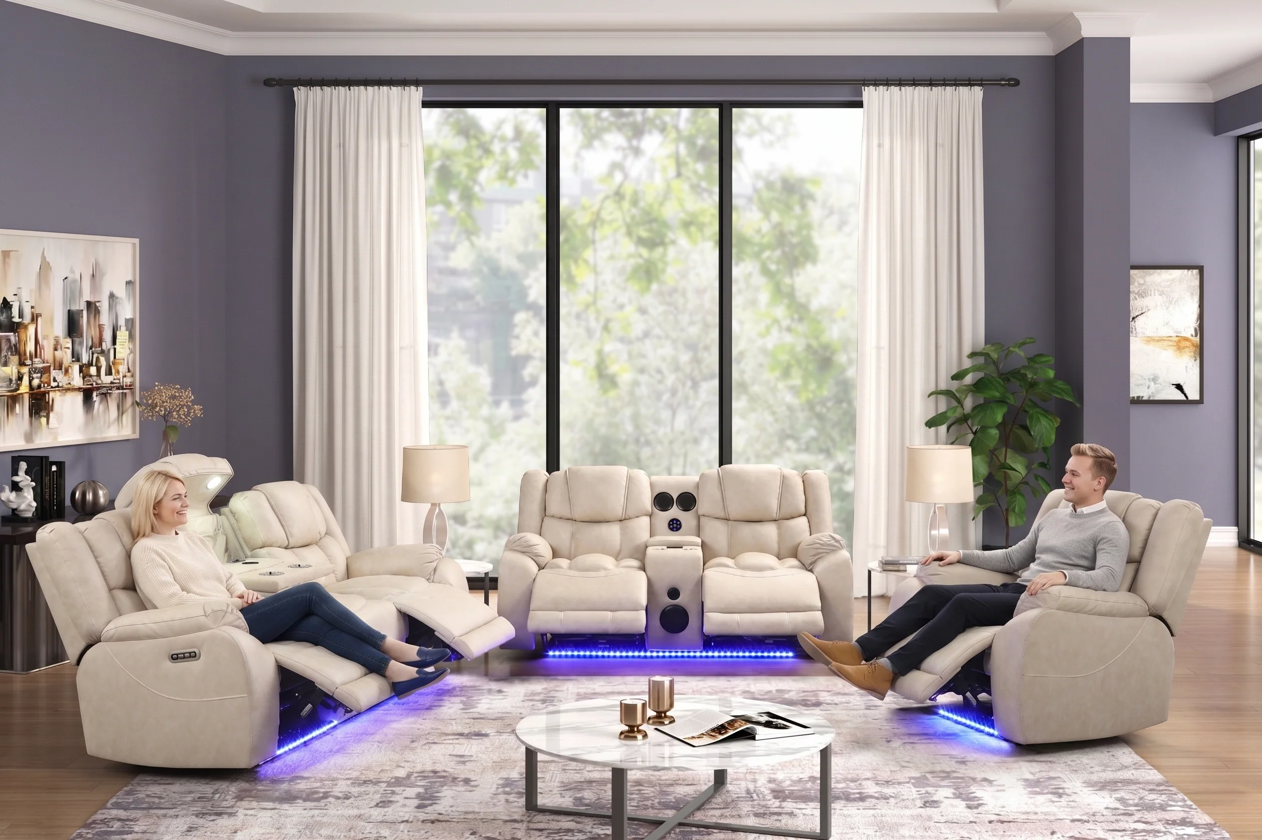Beige Air Leather 3-Piece Power Reclining Living Room Set w/ LED Lights, USB, Wireless Charging & Bluetooth Speaker - Image 9