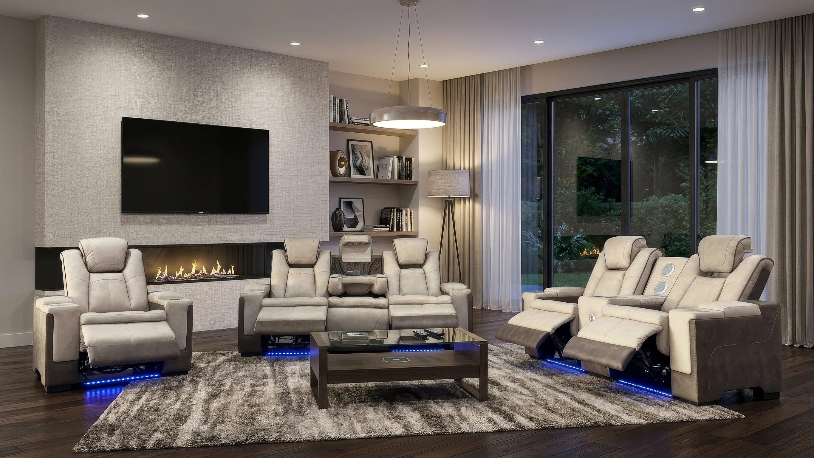 Beige Power Reclining 3-Piece Living Room Set with LED Lights & Speakers - Image 2