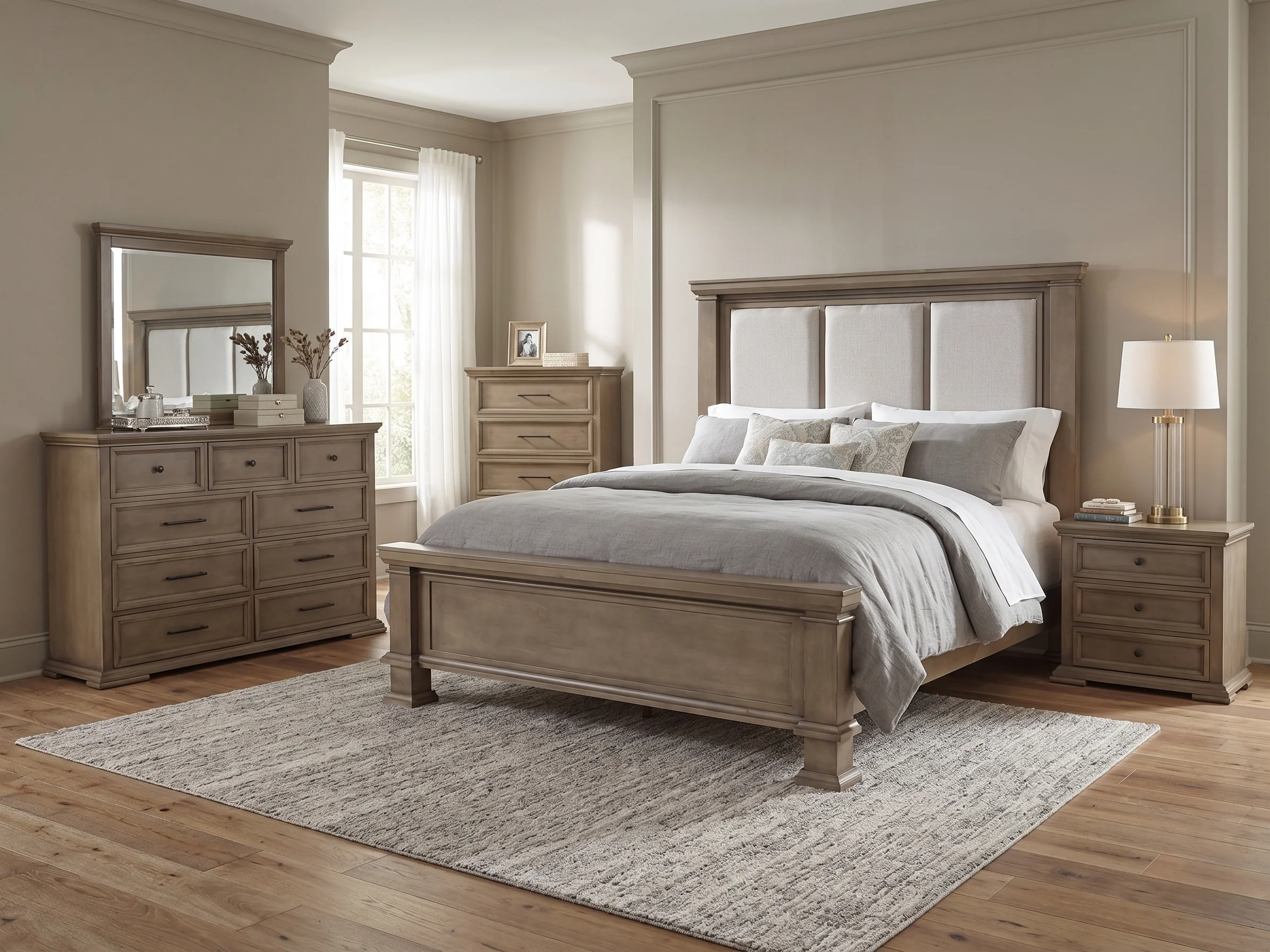 Beige Rustic 3 Room Furniture Package with Plush Sectional, Upholstered Queen Bedroom Set & 7 Piece Dining Set - Image 3