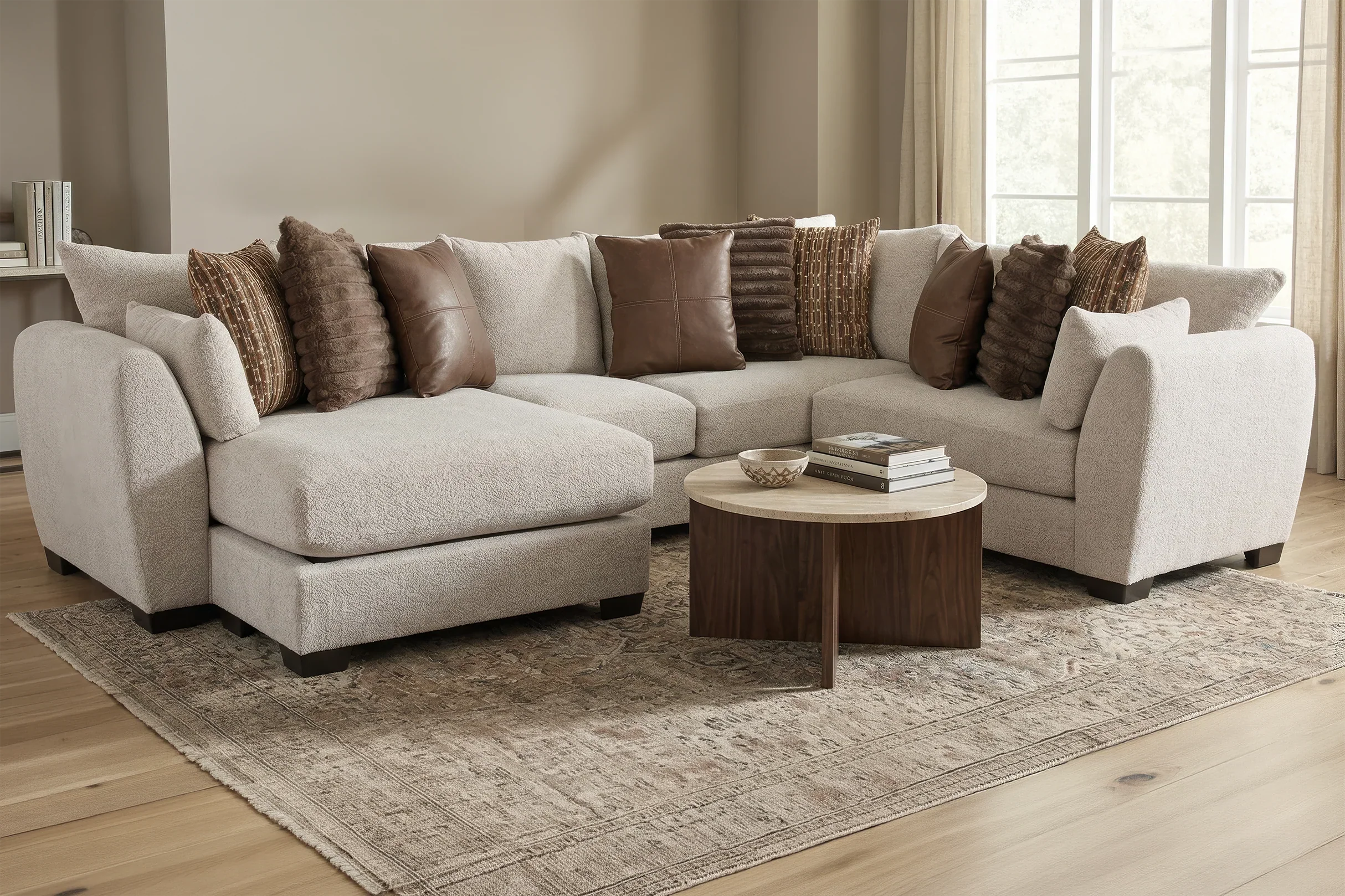 Beige Rustic 3 Room Furniture Package with Plush Sectional, Upholstered Queen Bedroom Set & 7 Piece Dining Set - Image 4