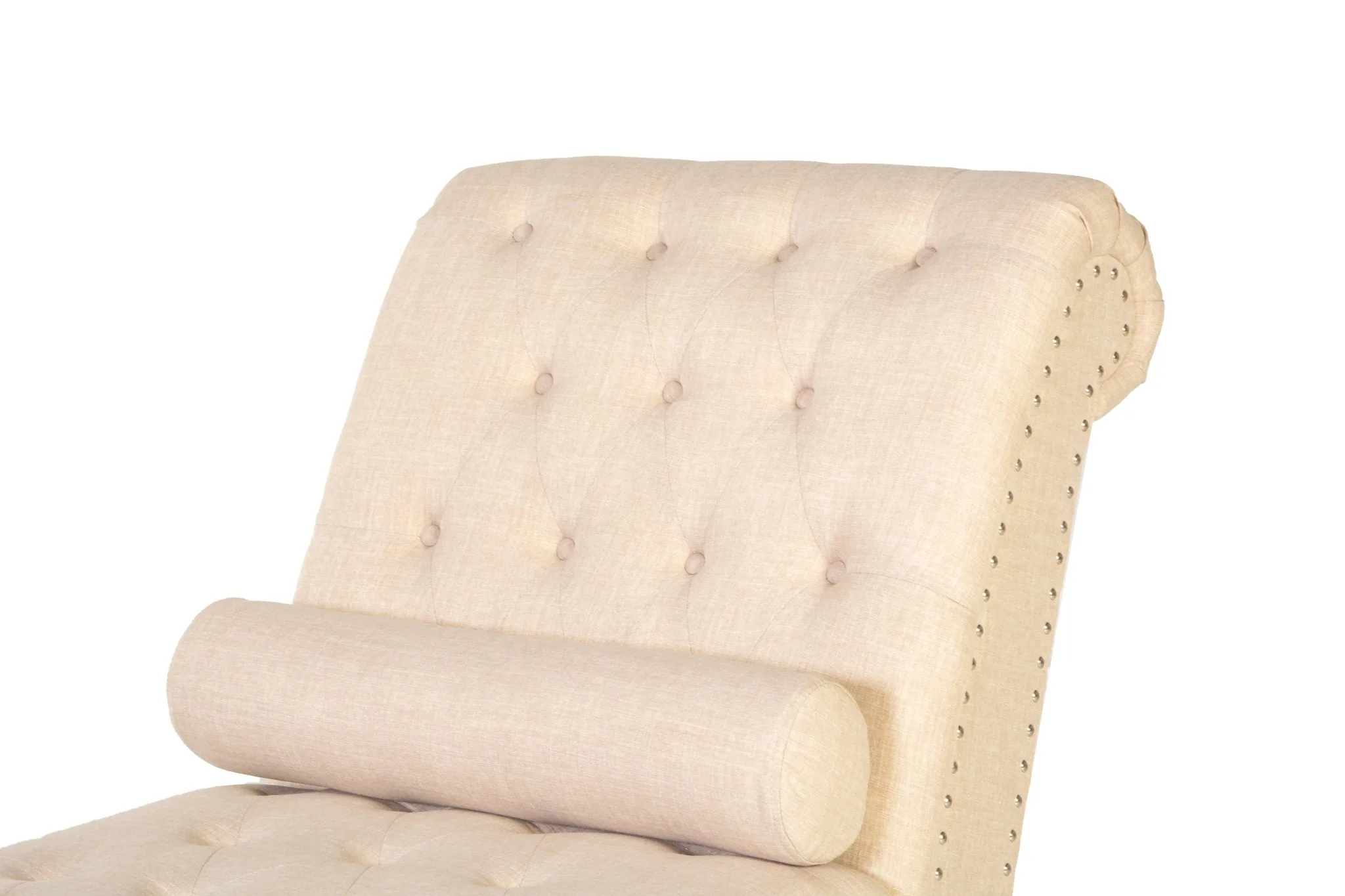 Beige Tufted Chaise Lounge with Nailhead Trim & Bolster Pillow - Image 3