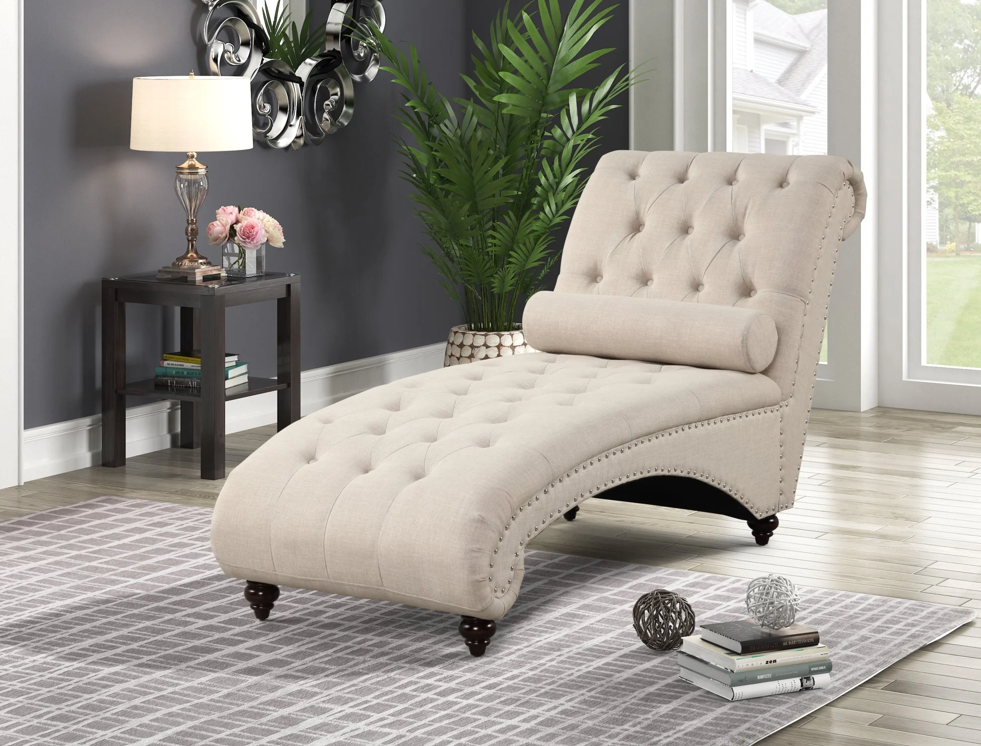 Beige Tufted Chaise Lounge with Nailhead Trim & Bolster Pillow - Image 4
