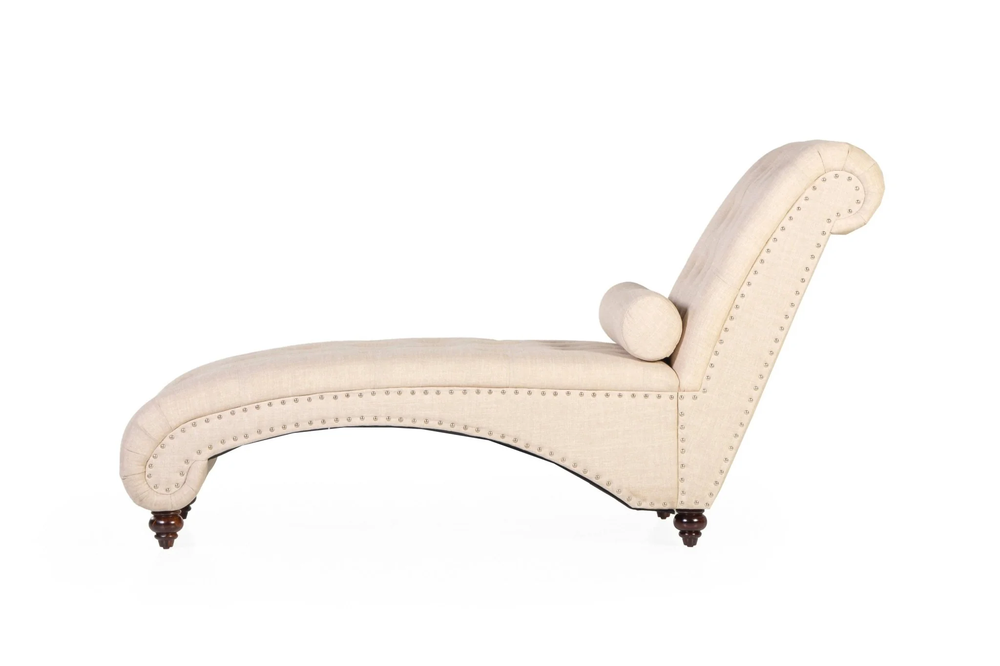 Beige Tufted Chaise Lounge with Nailhead Trim & Bolster Pillow - Image 7