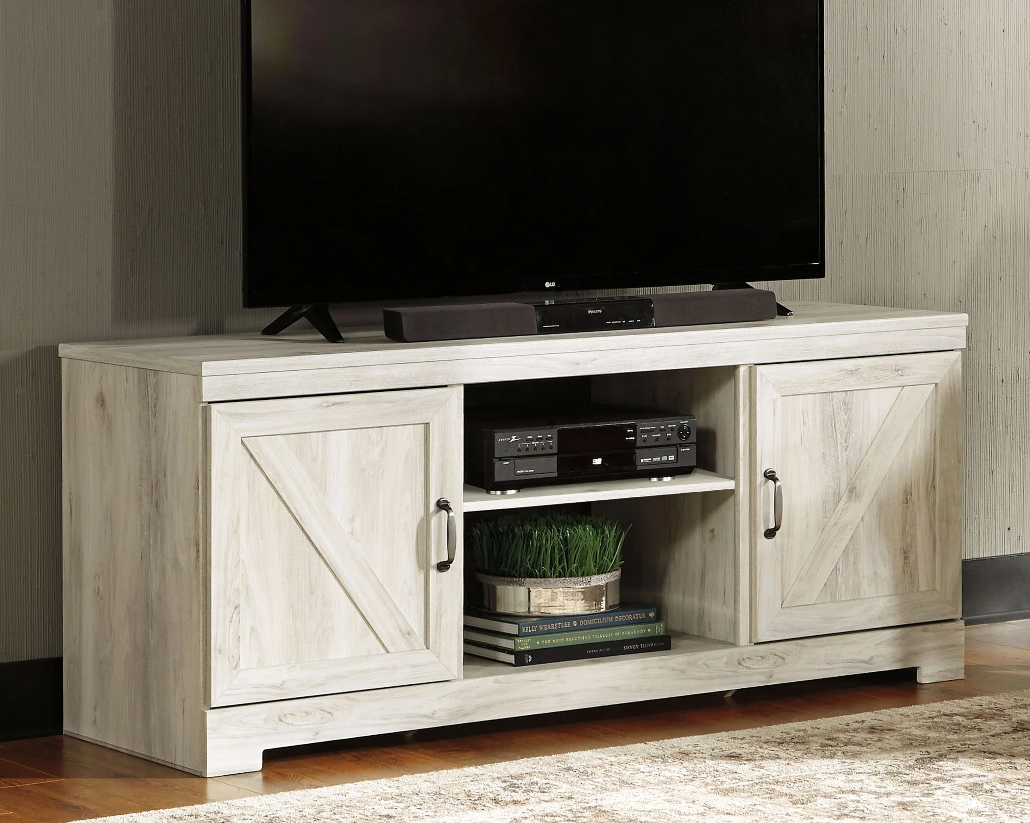 Bellaby - Entertainment Center - TV Stand With Faux Firebrick Fireplace Insert - Whitewash - Image 2