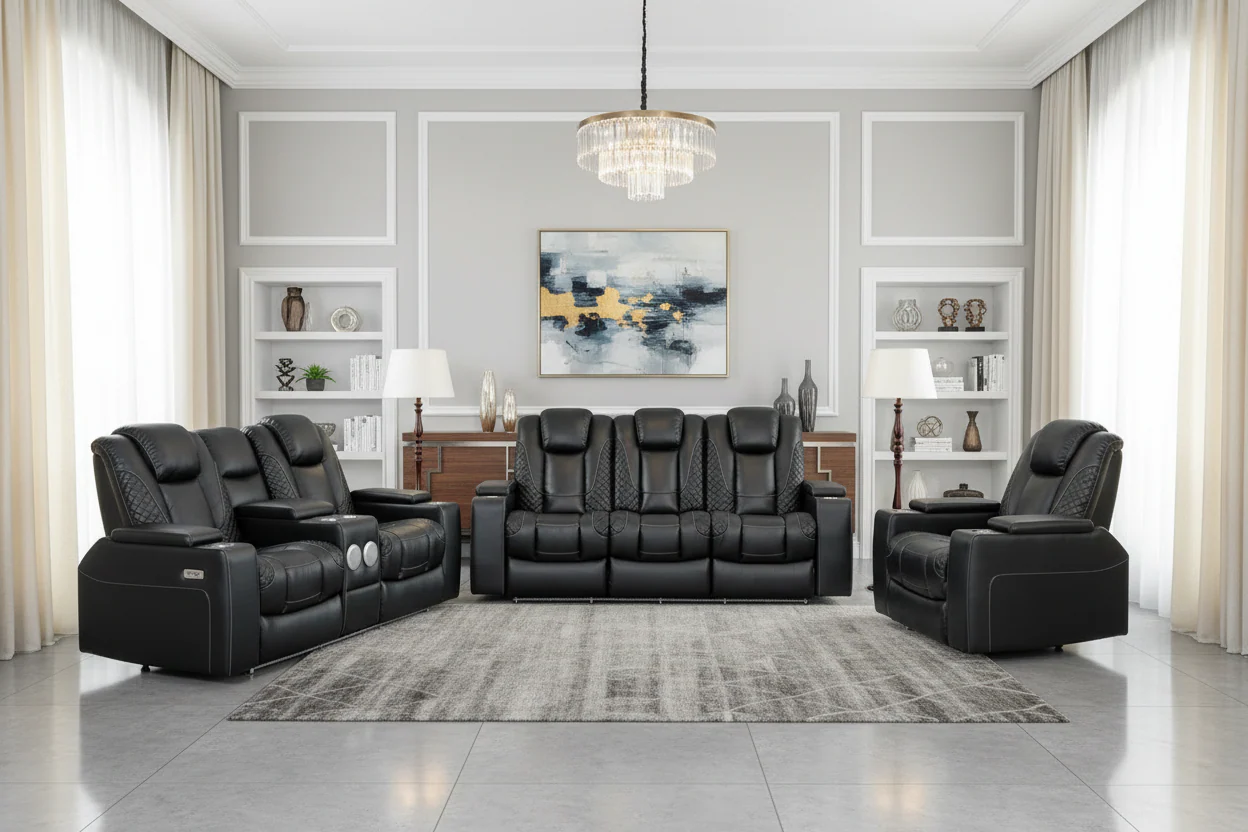 Black 3-Piece Power Reclining Living Room Set with LED Lighting, Hidden Storage & Bluetooth Speaker - Image 3