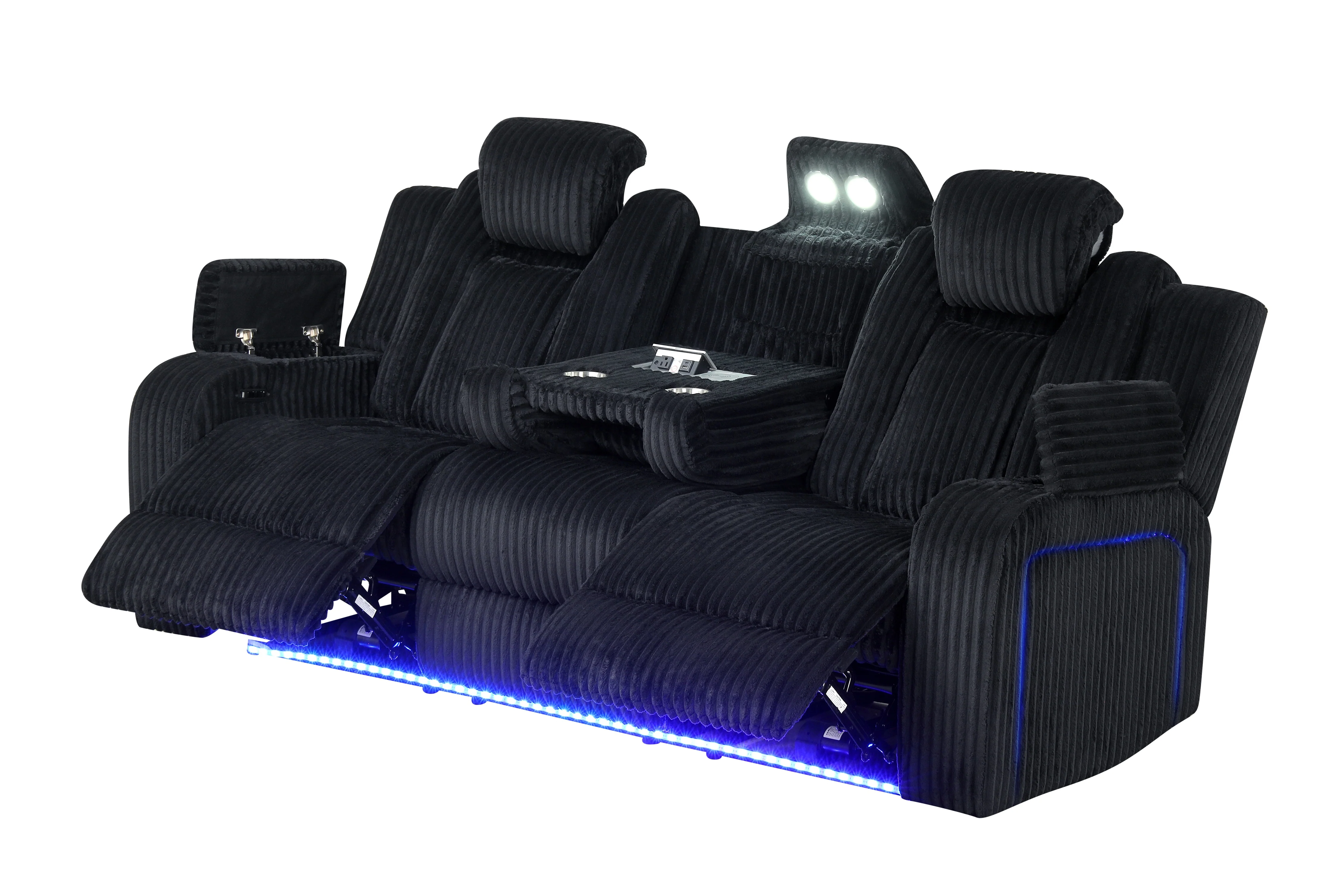 Black Corduroy Power Reclining 3-Piece Living Room Set with Power Headrests, LED Lights, Speakers & Charging - Image 5
