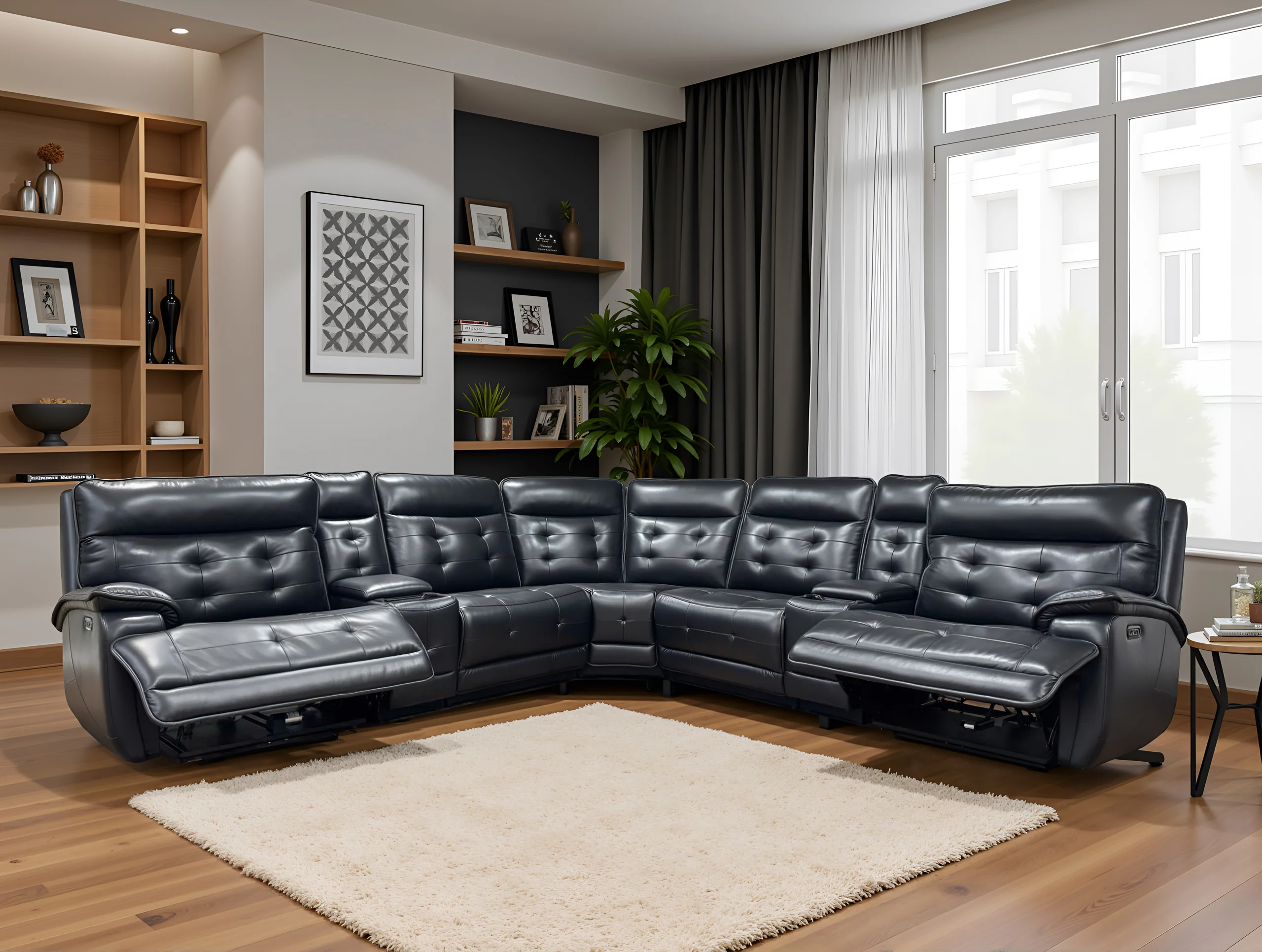 Black Leather Power Reclining Sectional Sofa with 2 Consoles, USB & Wireless Charger