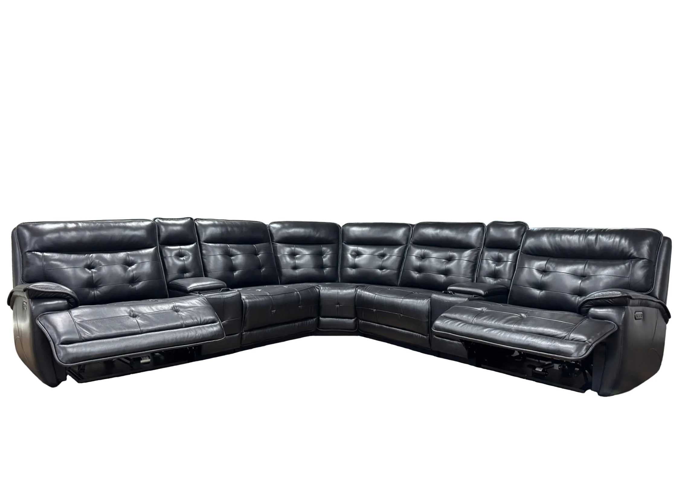 Black Leather Power Reclining Sectional Sofa with 2 Consoles, USB & Wireless Charger - Image 3