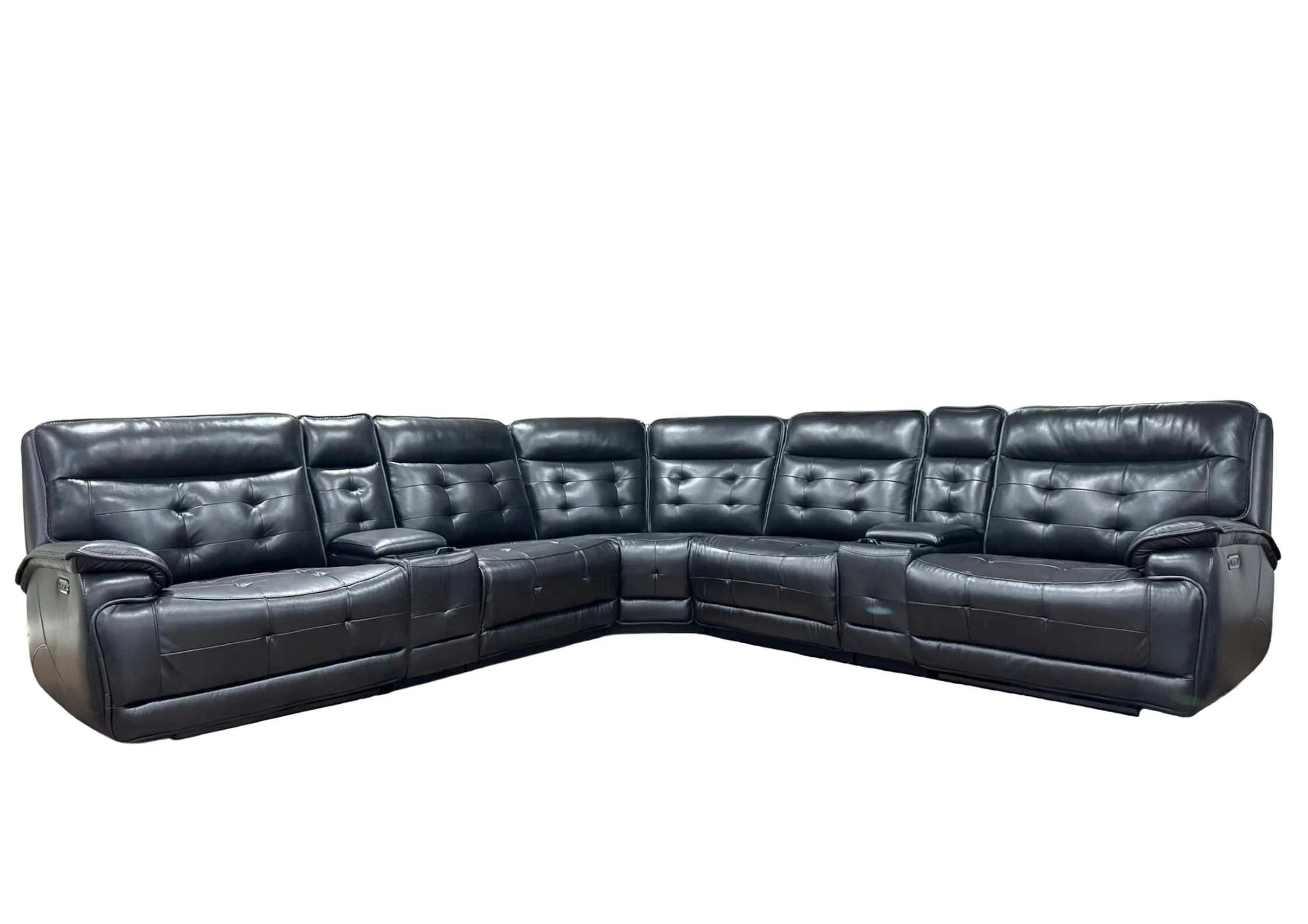 Black Leather Power Reclining Sectional Sofa with 2 Consoles, USB & Wireless Charger - Image 4
