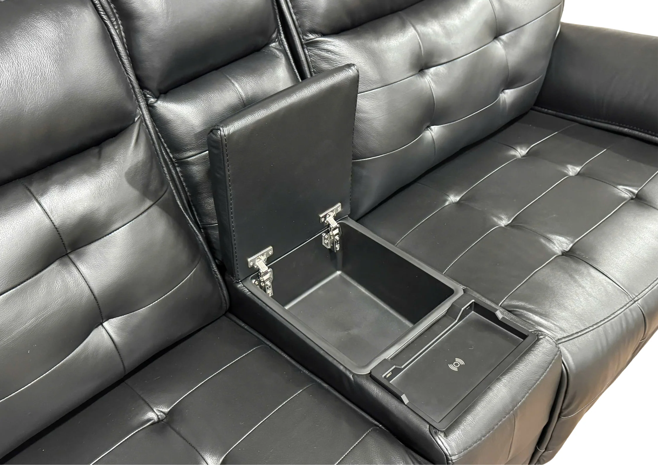 Black Leather Power Reclining Sectional Sofa with 2 Consoles, USB & Wireless Charger - Image 6
