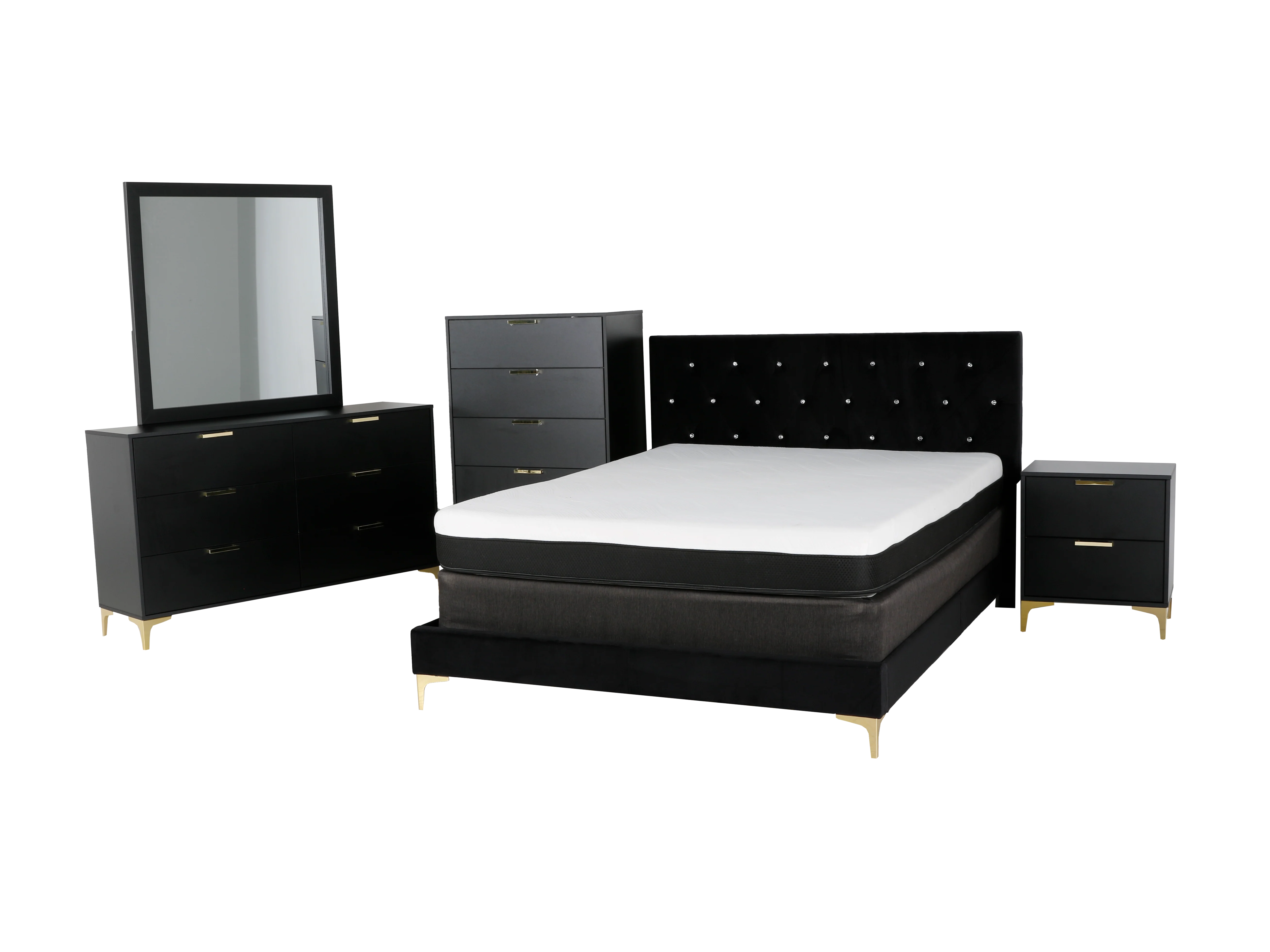 Black Modern Glam 6-Piece Bedroom Set with Tufted Upholstered Full/Queen Bed & Gold Accents - Image 2