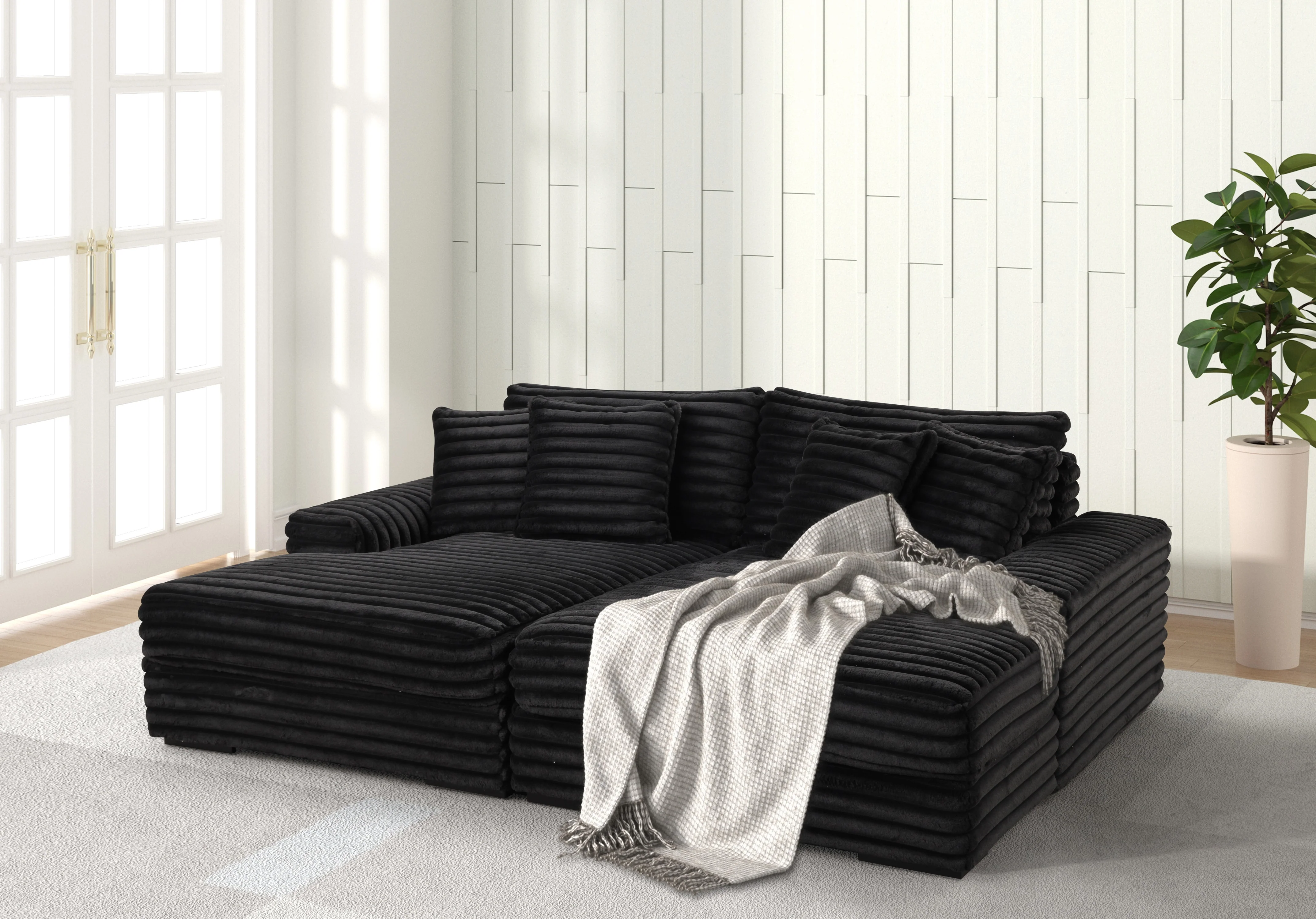 Midnight Black Plush Double Chaise Lounge with USB Port & Cup Holder - Image 2