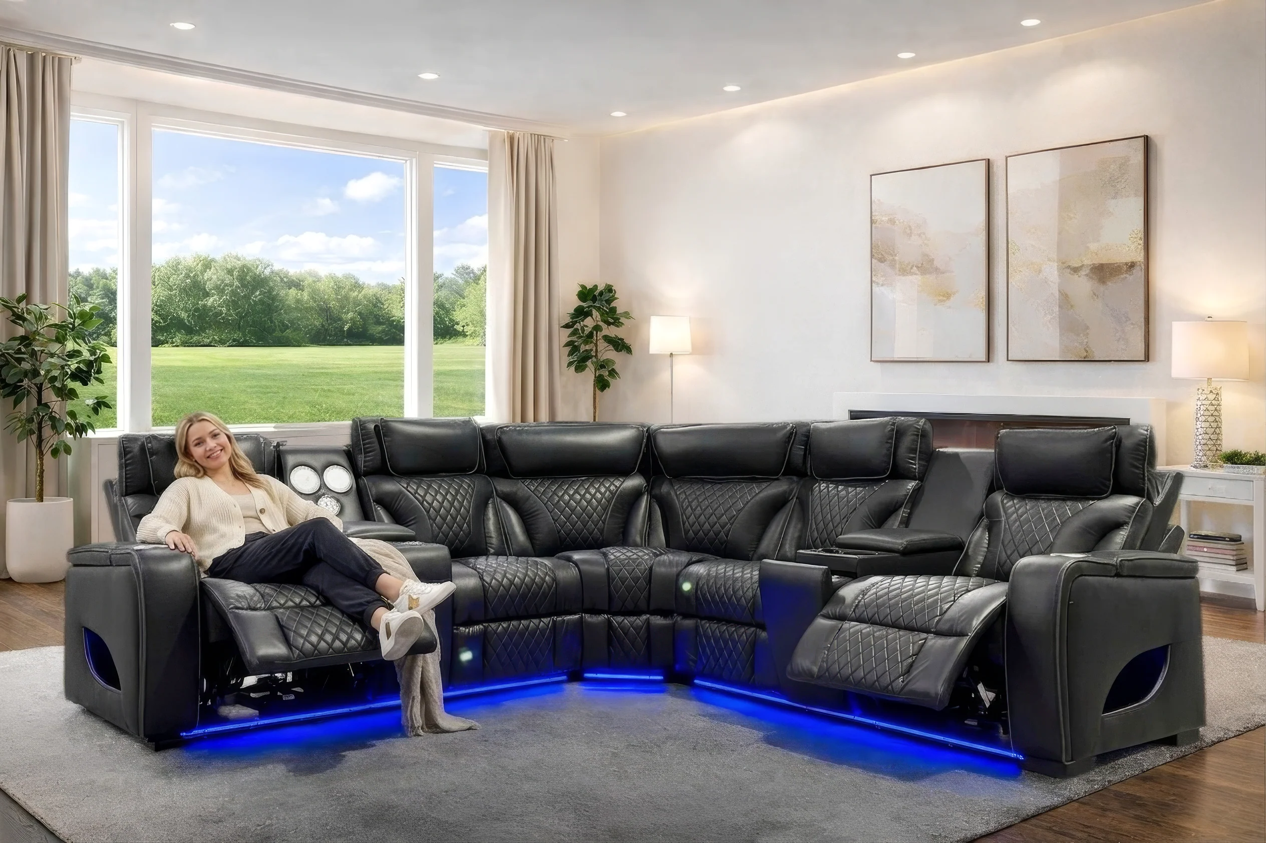 Black Power Reclining Sectional with Power Headrests, Speaker, Wireless Charging & LED Lighting - Image 2
