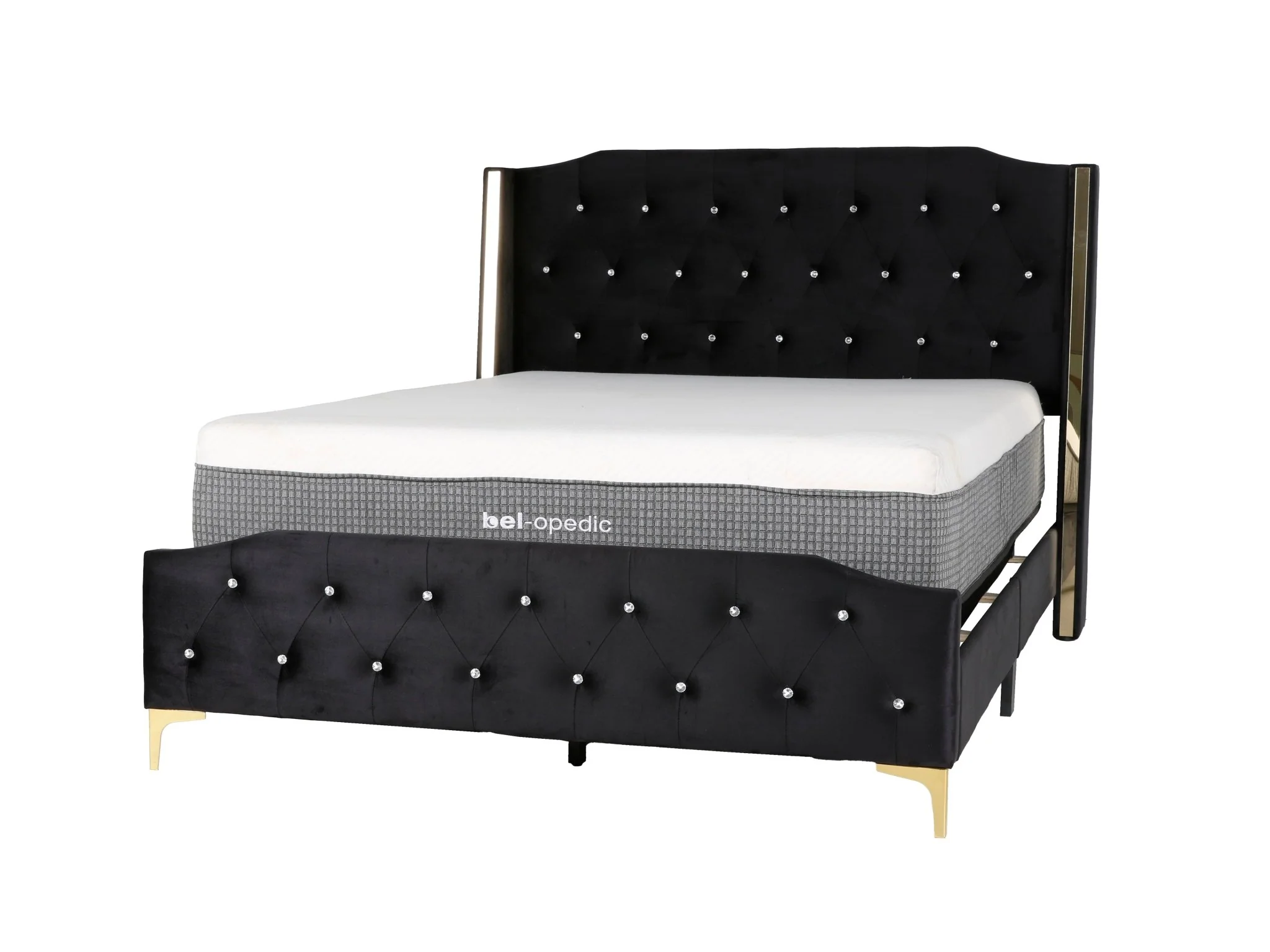 Black Velvet & Gold Tufted Panel Bed