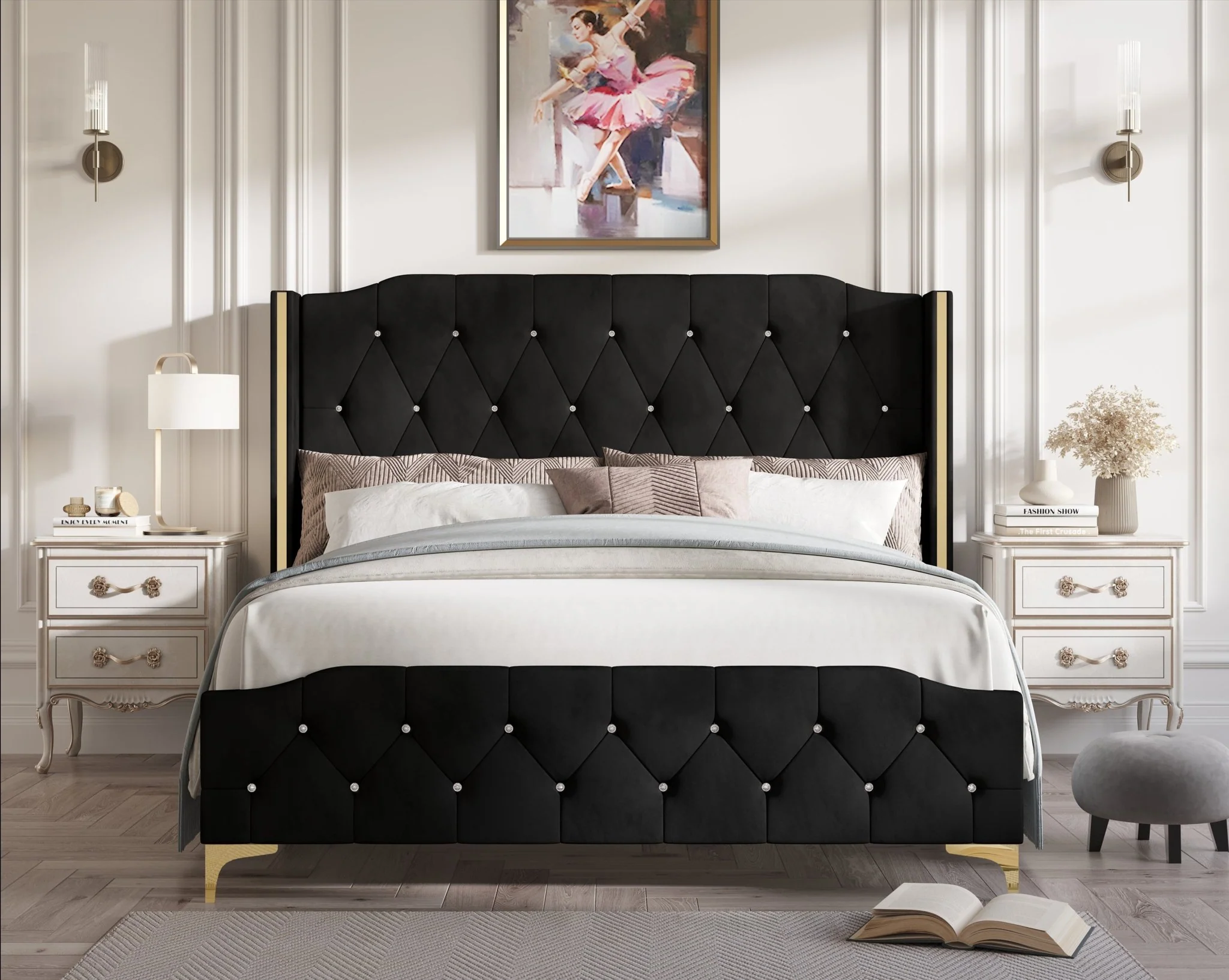 Black Velvet & Gold Tufted Panel Bed - Image 3
