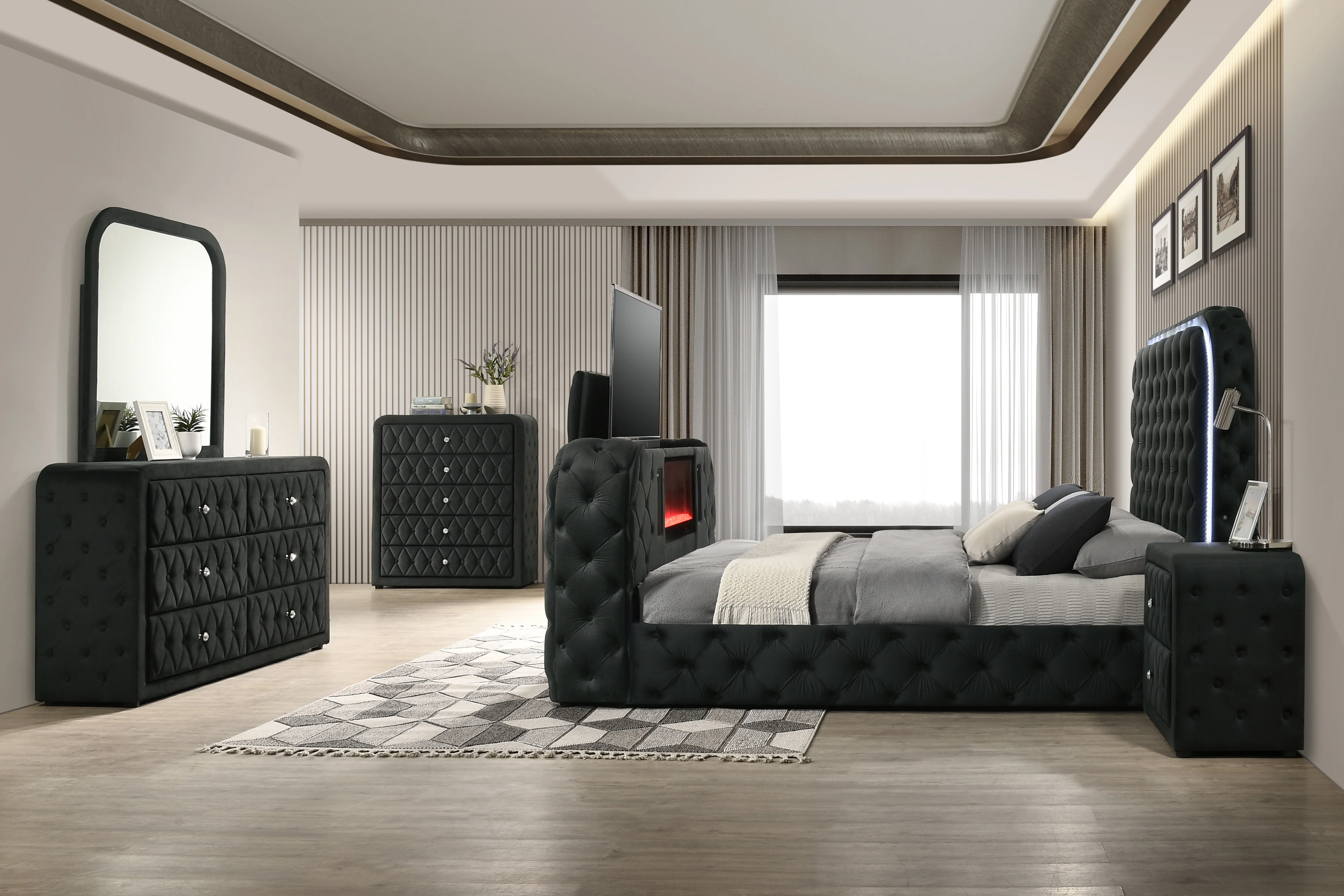 Black Velvet LED Fireplace Bedroom Set with TV Lift, Dresser, Mirror, and Nightstand - Image 2