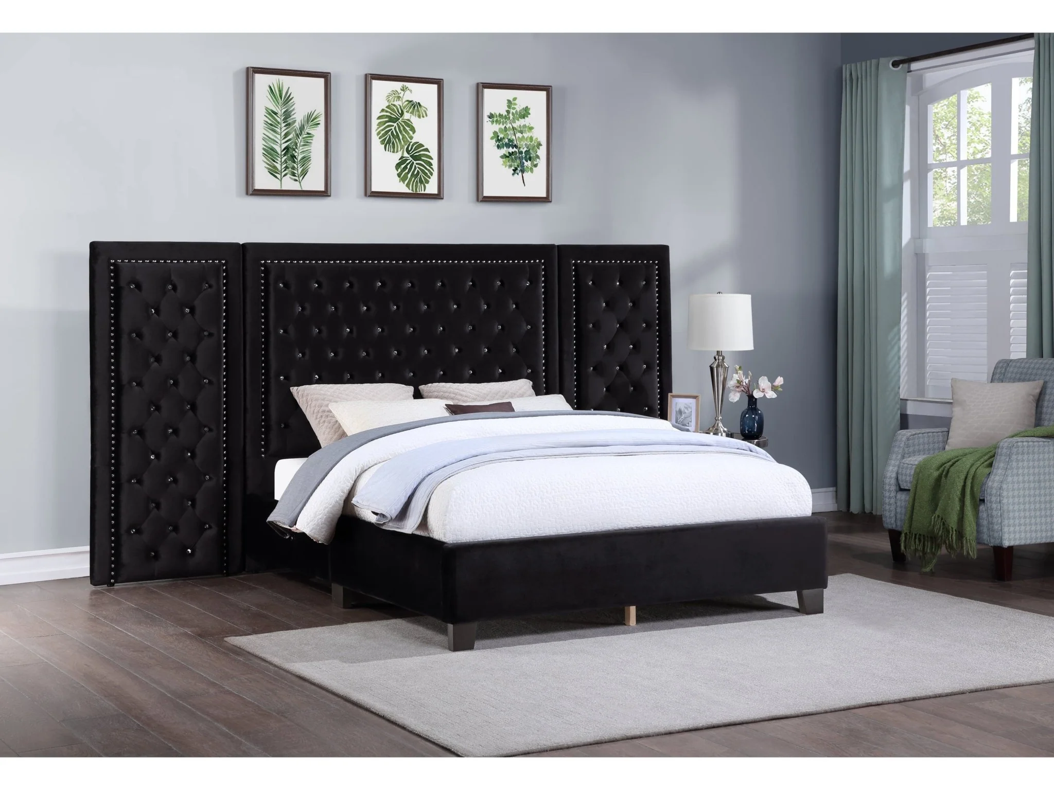 Black Velvet Queen Bed with Tufted Panel Headboard and Nailhead Trim
