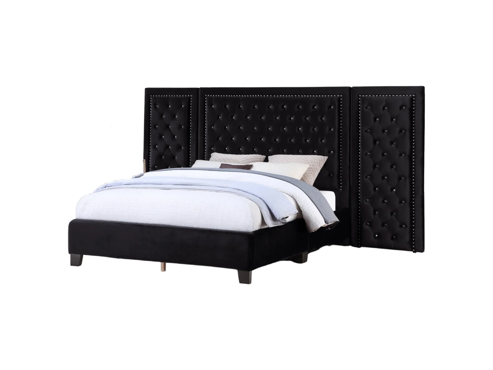 Black Velvet Queen Bed with Tufted Panel Headboard and Nailhead Trim - Image 2