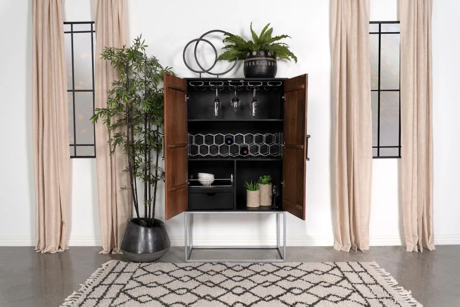 Borman - 2 Door Home Bar Cabinet Wine Storage - Walnut And Black - Image 3