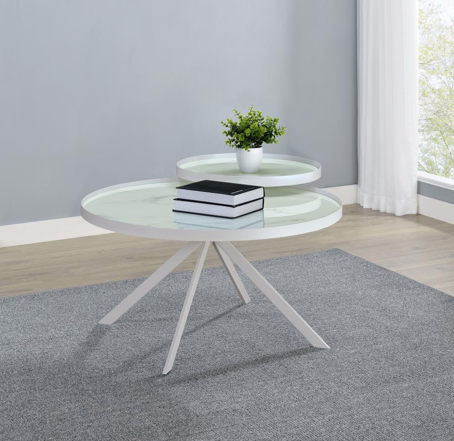 Briggs - Round Marble Printed Glass Top Coffee Table - Image 5