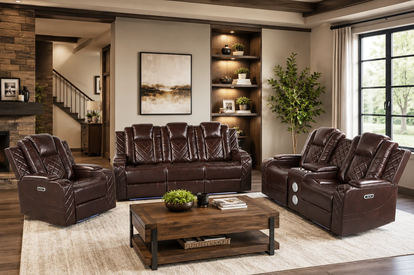 Brown 3 Piece Power Reclining Living Room Set w/ Power Headrests, LED, USB & Console Audio - Image 2