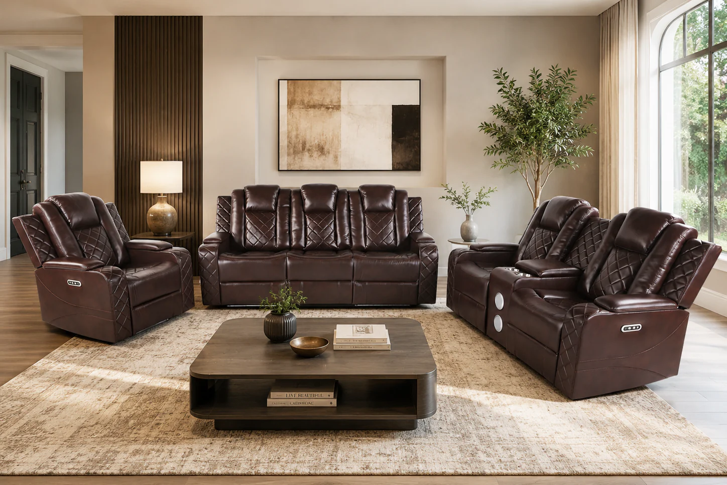 Brown 3 Piece Power Reclining Living Room Set w/ Power Headrests, LED, USB & Console Audio - Image 3
