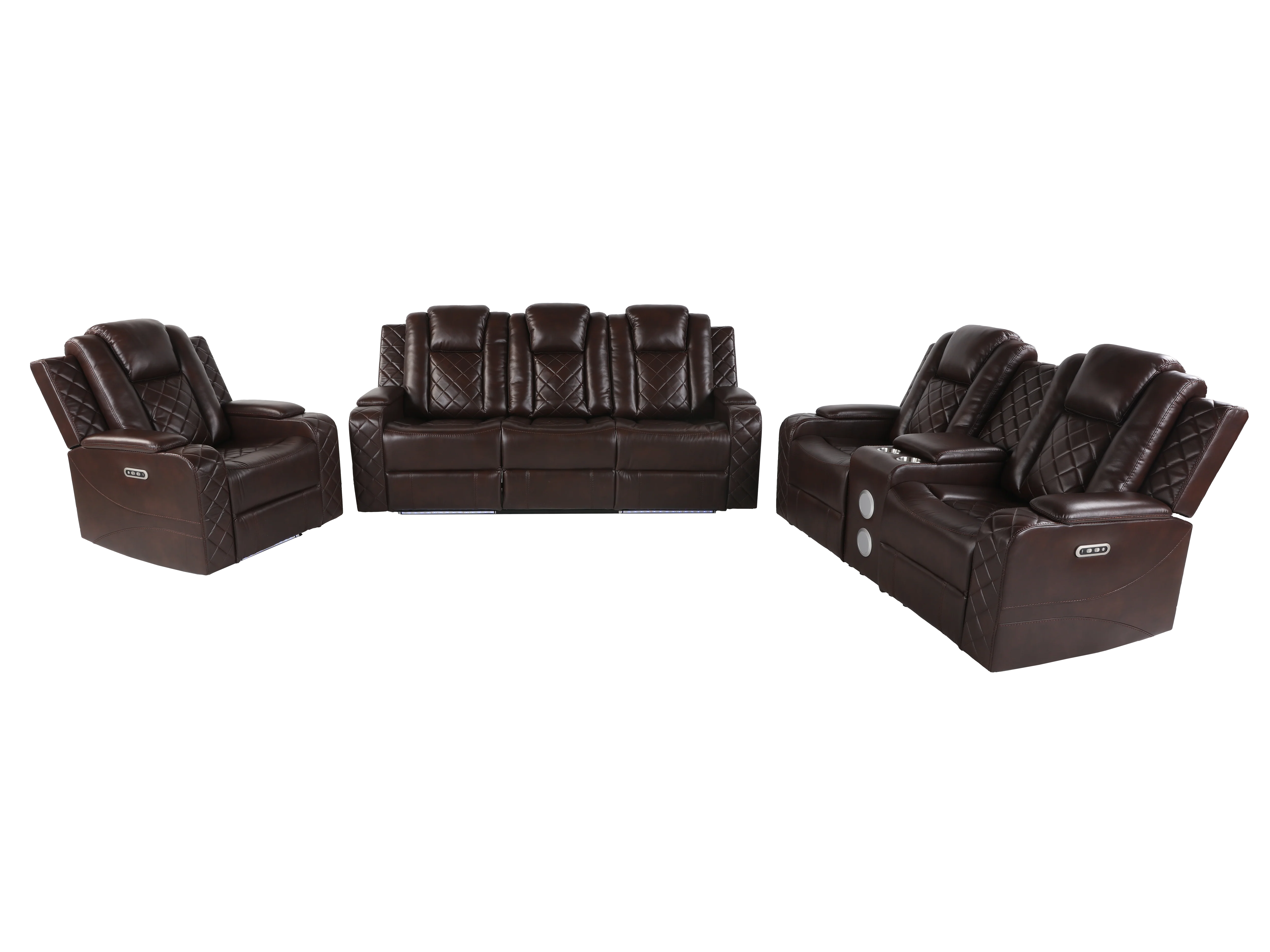 Brown 3 Piece Power Reclining Living Room Set w/ Power Headrests, LED, USB & Console Audio - Image 4