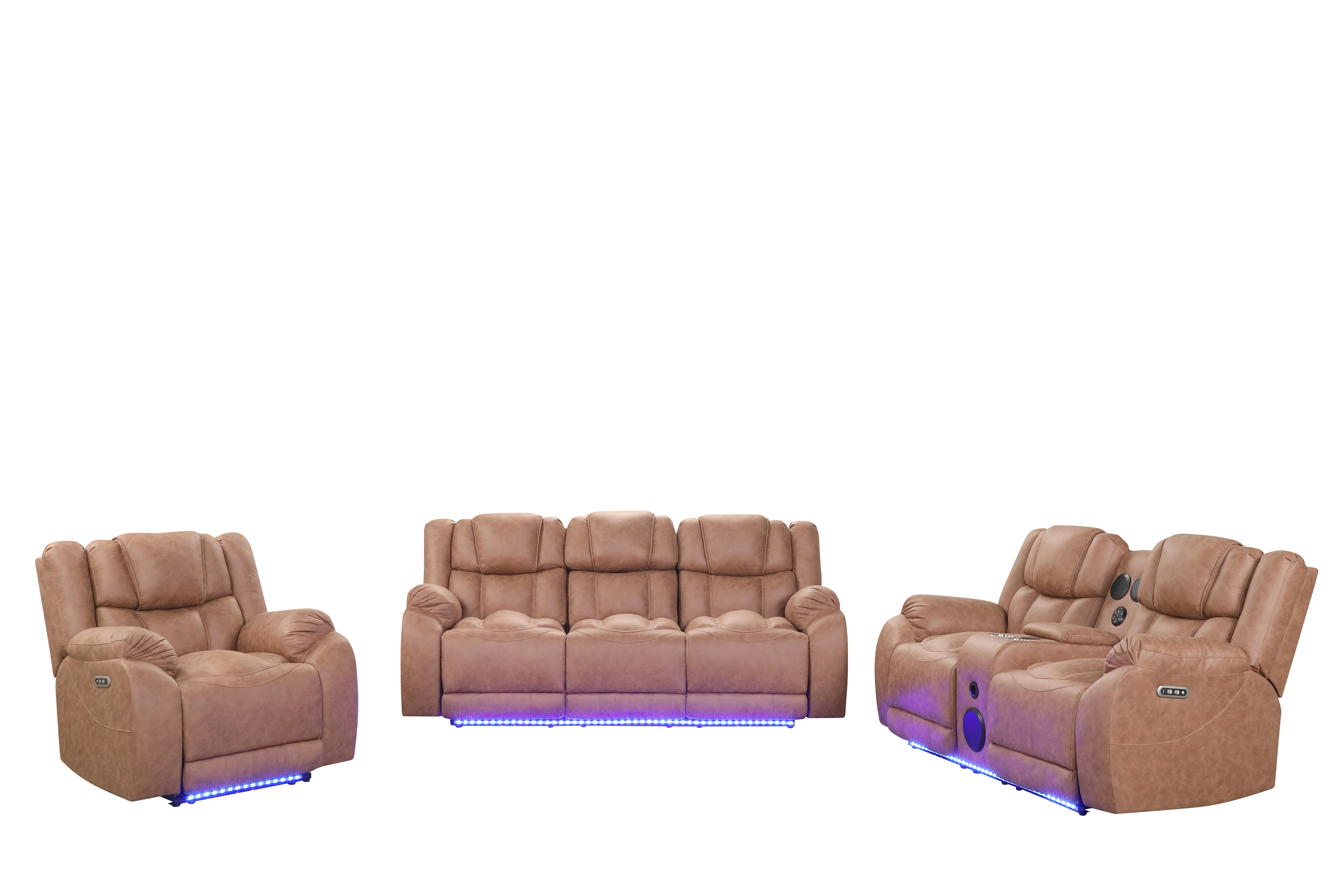 Brown Power Reclining 3-Piece Living Room Set with LED Lights, USB, Bluetooth Speaker & Wireless Charging - Image 2