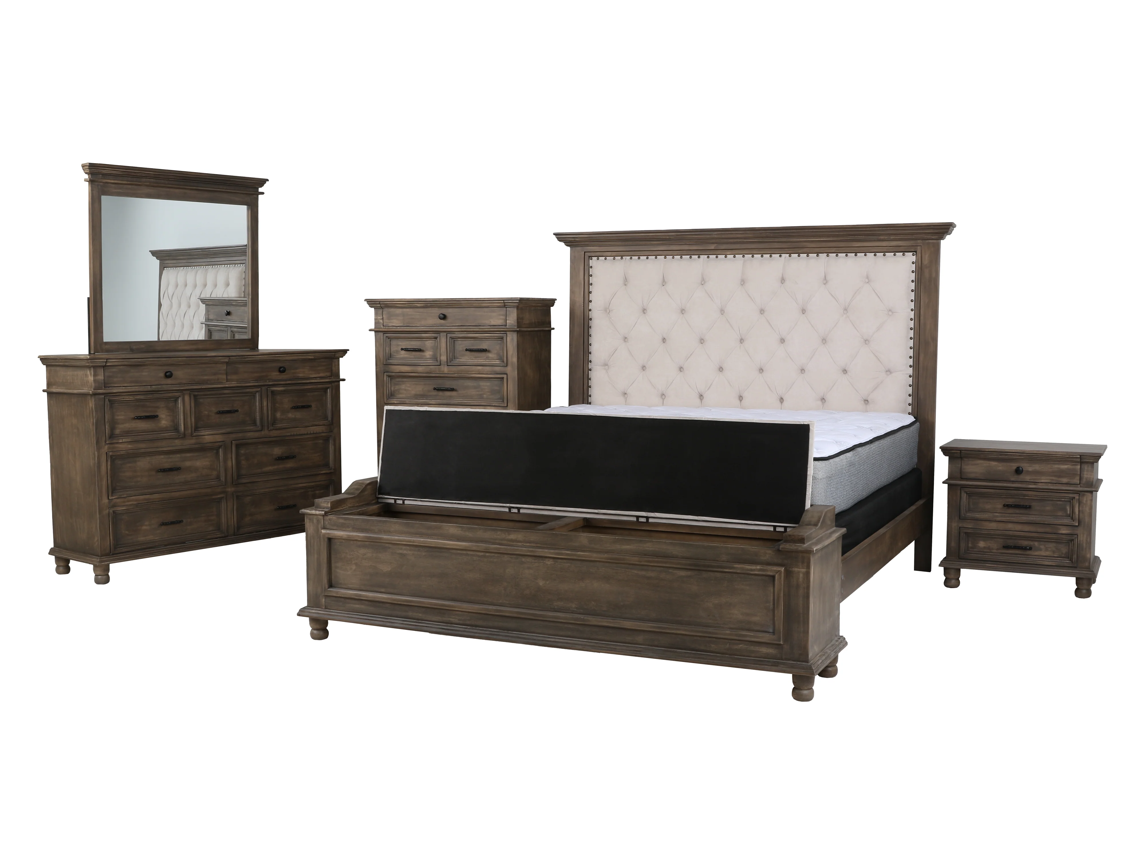 Brown Rustic Upholstered 6 Piece King Bedroom Set with Storage Bench - Image 3