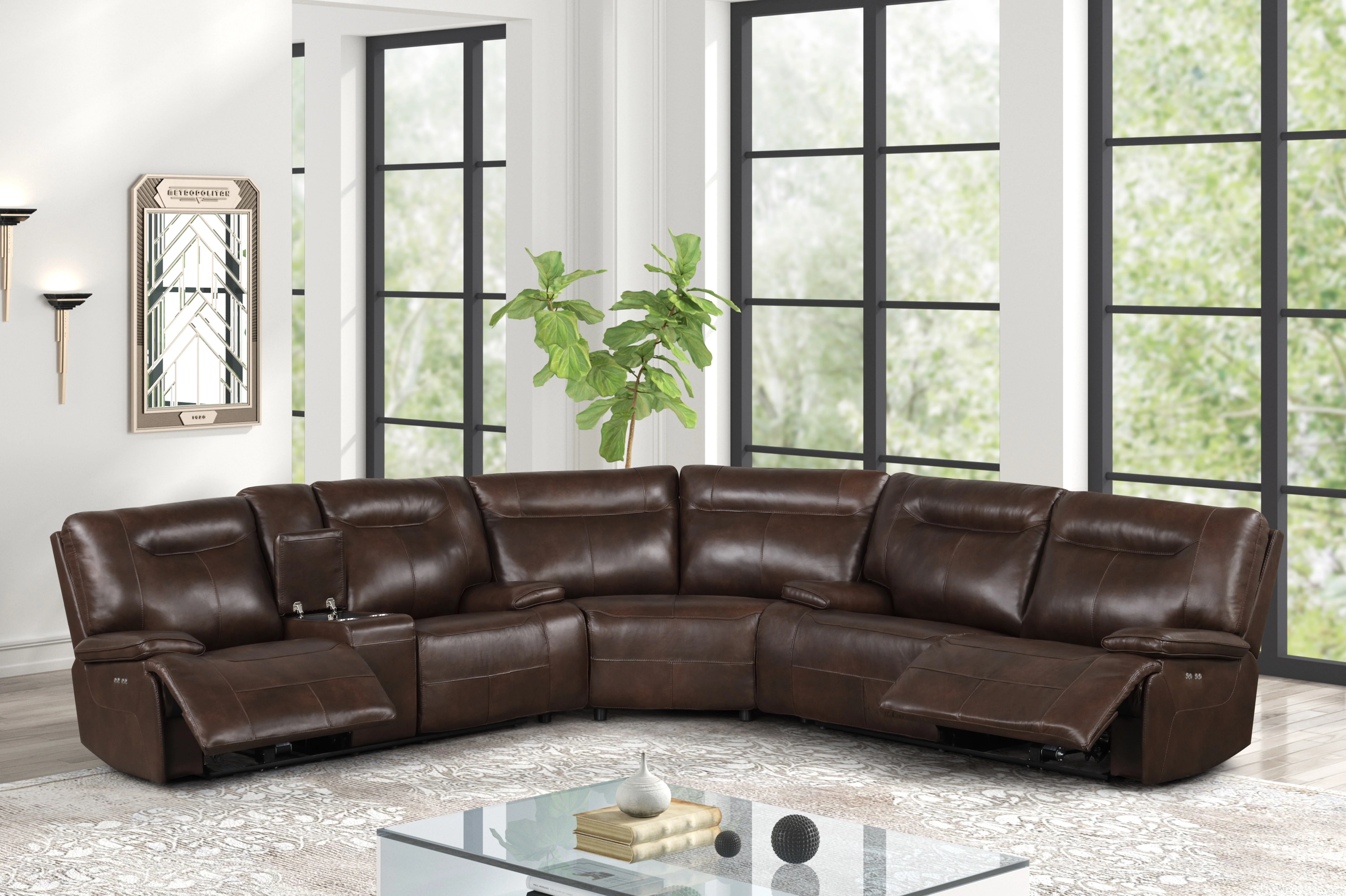 Brown Top Grain Leather Power Reclining Sectional with Power Headrests, Console & Wireless Charging - Image 4