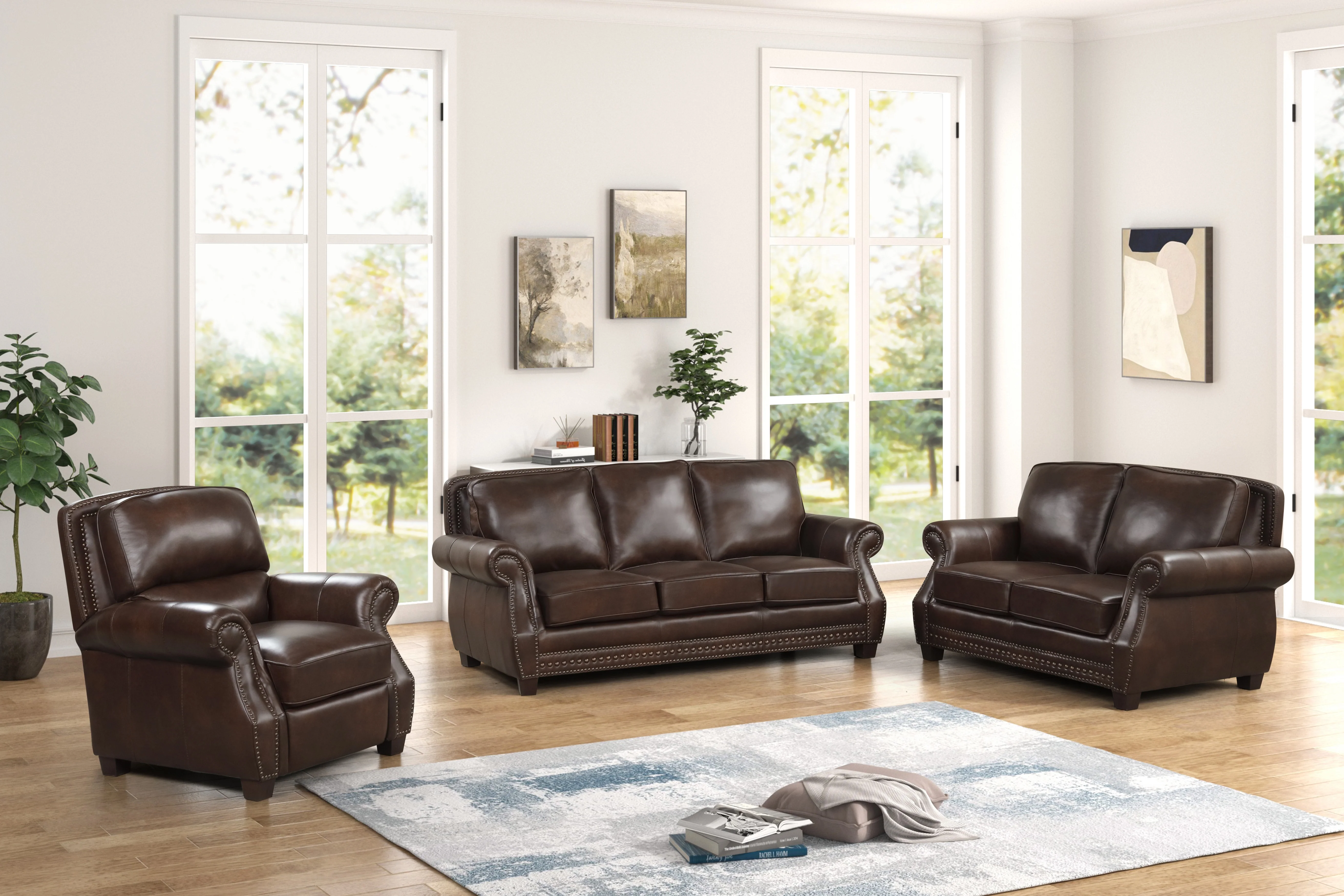 Brown Top Grain Leather Sofa, Loveseat & Push Back Recliner Living Room Set - Image 2