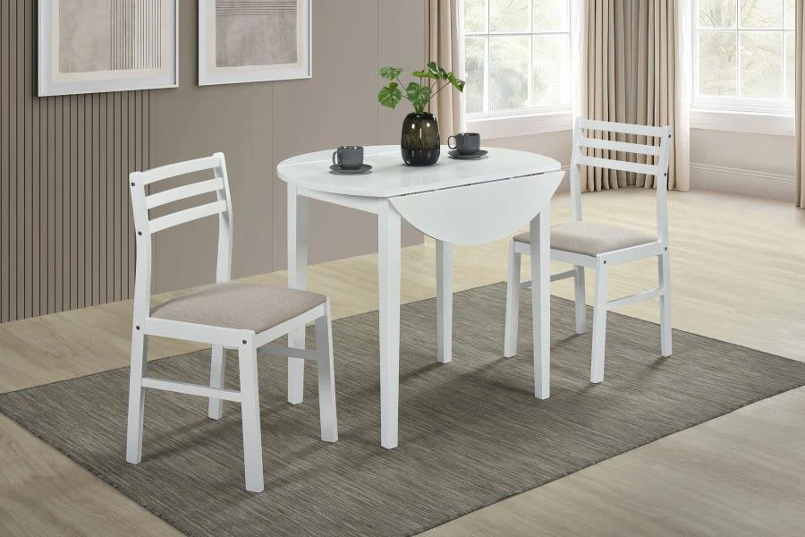 Bucknell - 3 Piece Round Drop Leaf Dining Table Set - White - Image 3