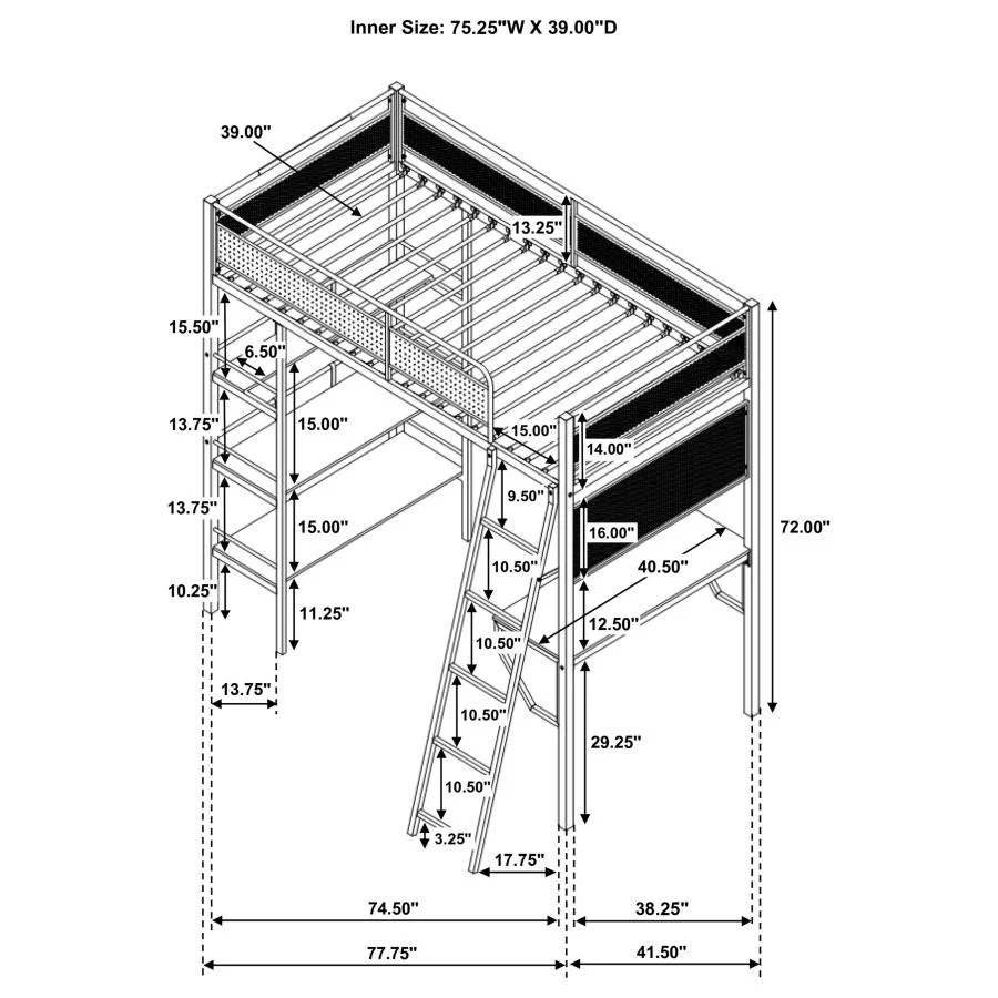 Campus - 3-Shelf Metal Twin Workstation Loft Bed - Image 16
