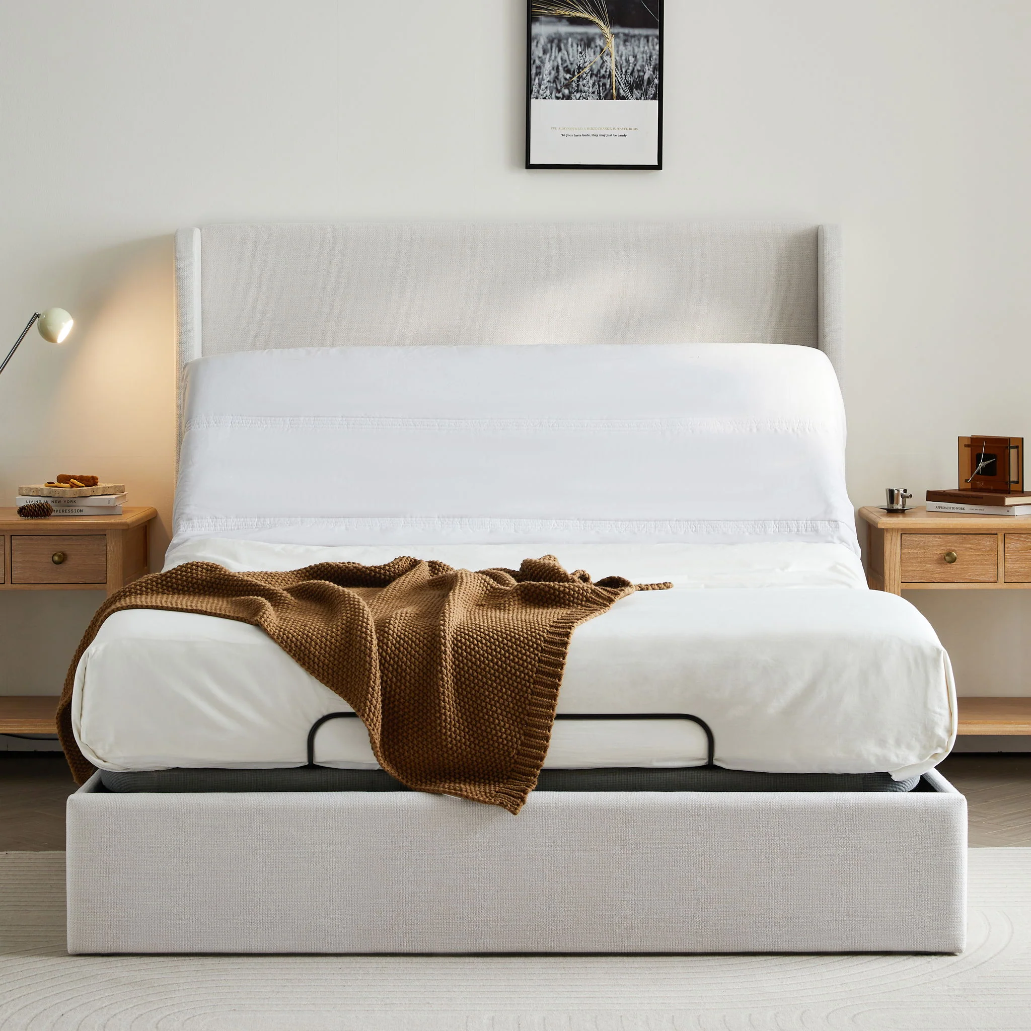 Caron - Queen Size Upholstered Wingback Bed With Adjustable Base Bundle Set - Ivory - Image 13