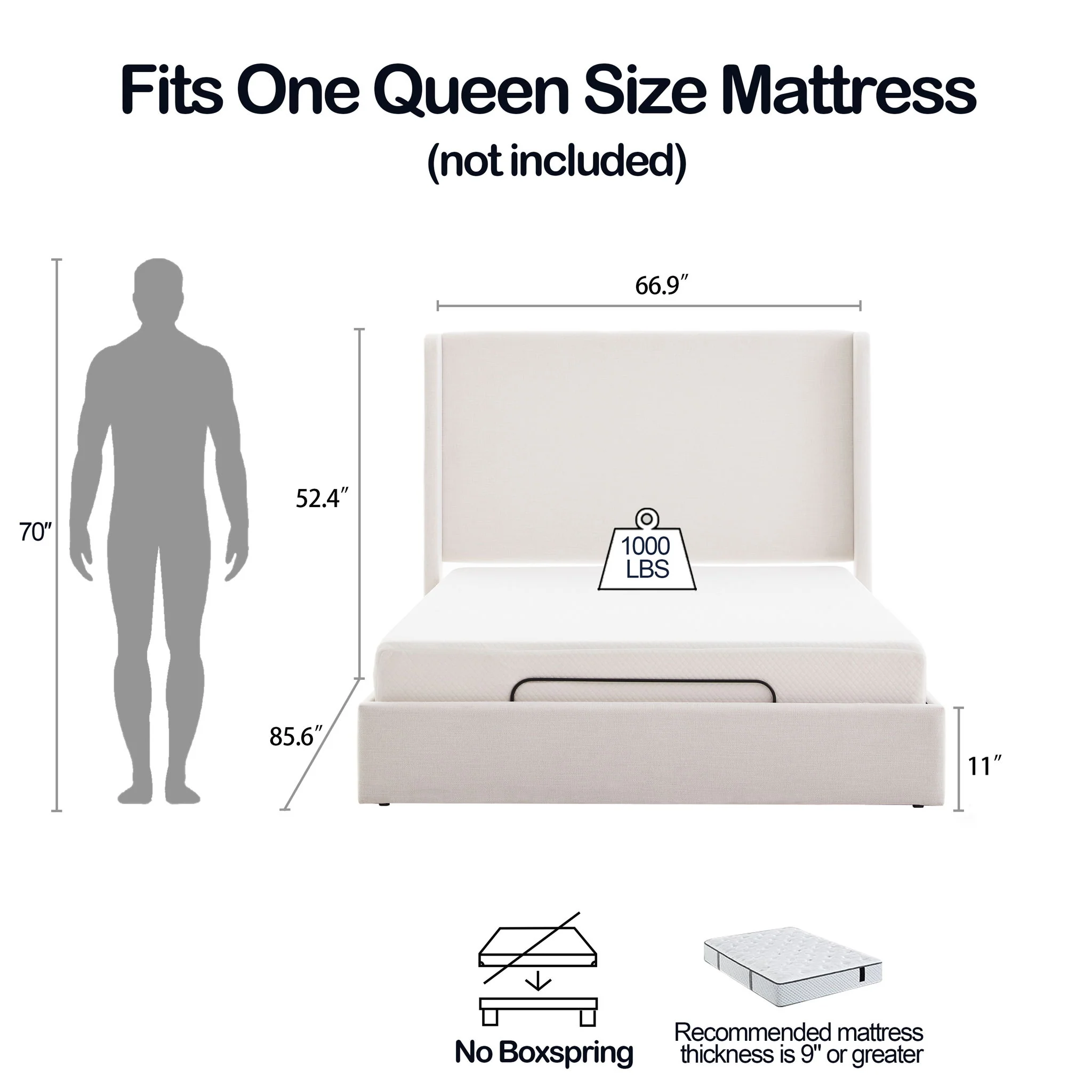 Caron - Queen Size Upholstered Wingback Bed With Adjustable Base Bundle Set - Ivory - Image 17