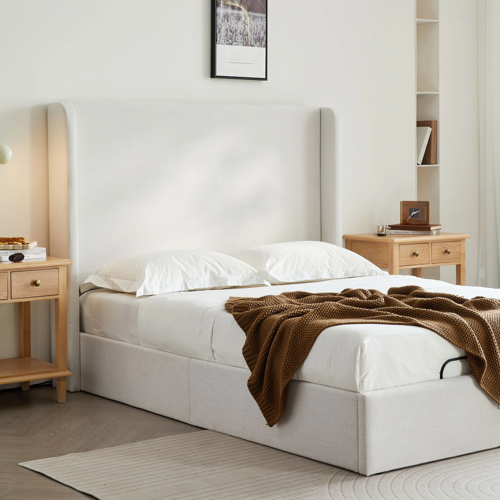 Caron - Queen Size Upholstered Wingback Bed With Adjustable Base Bundle Set - Ivory - Image 6