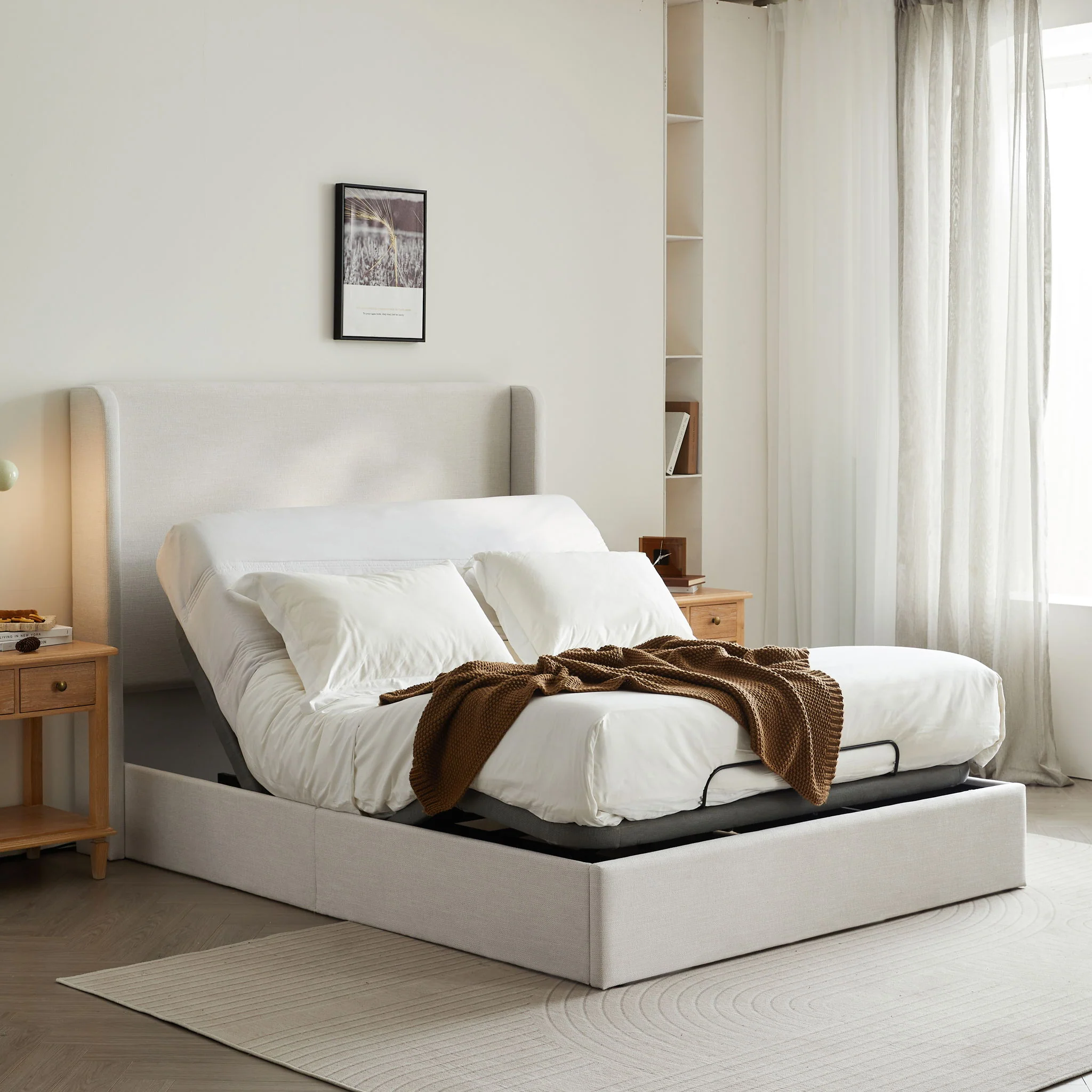 Caron - Queen Size Upholstered Wingback Bed With Adjustable Base Bundle Set - Ivory - Image 9