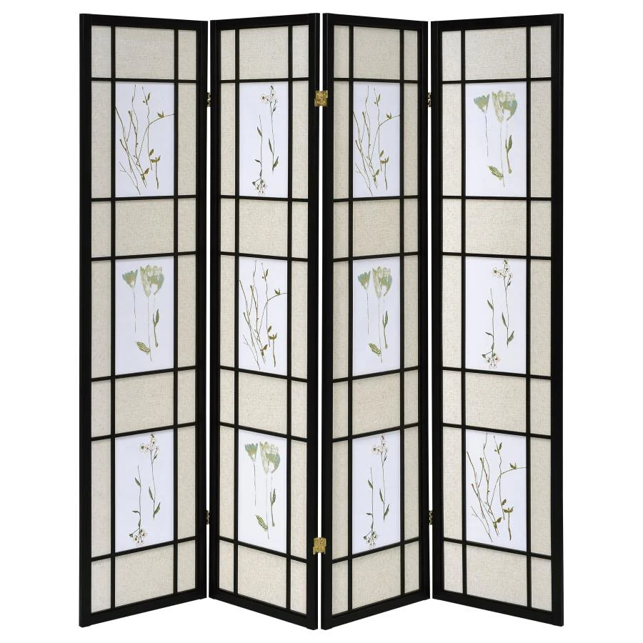 Catabella - 4-Panel Room Divider Folding Shoji Screen Floral - Black - Image 4