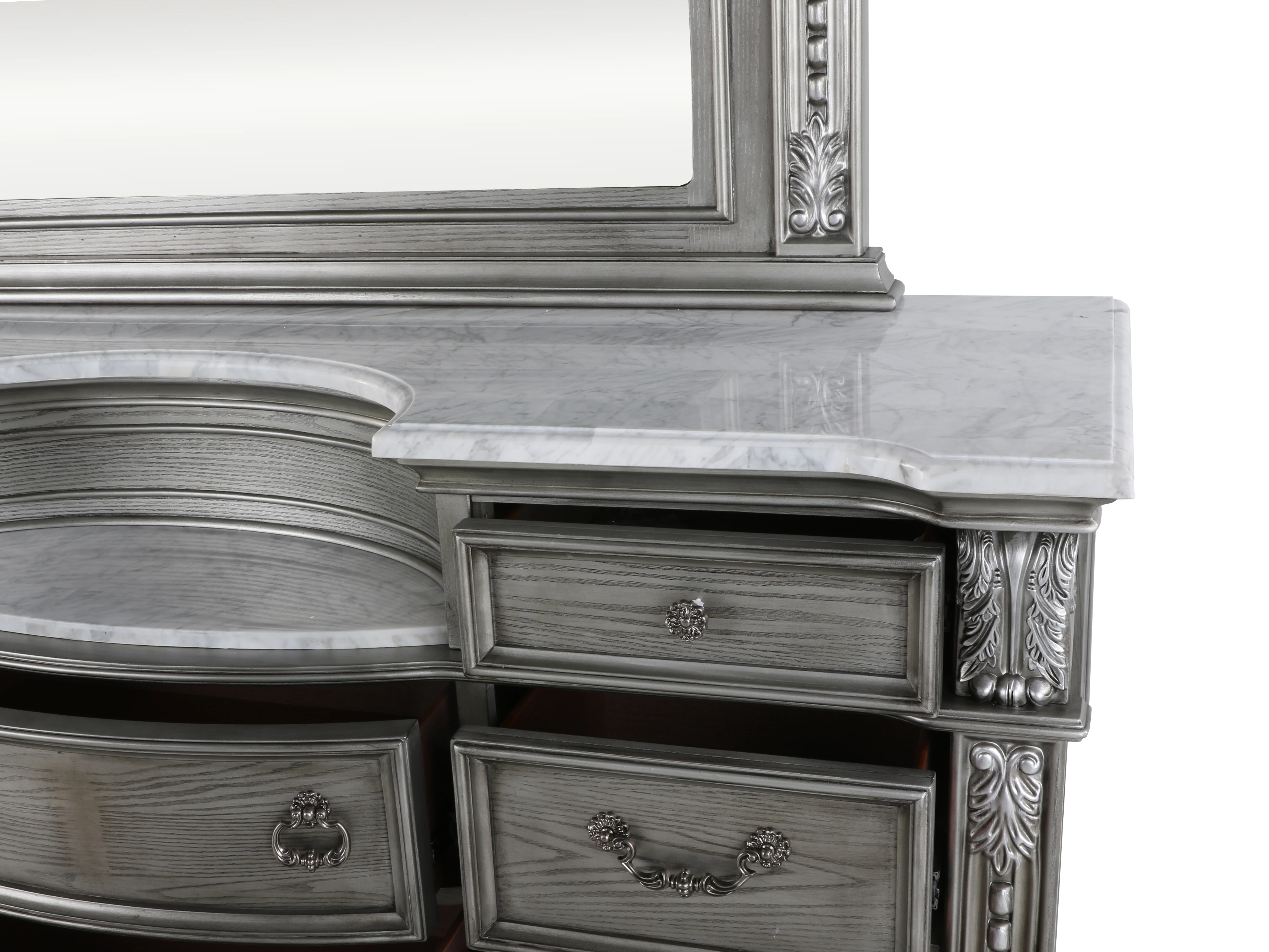 Cavalier Antique Gray Sleigh Bedroom Set with Marble-Top Dresser & Nightstand - Image 11