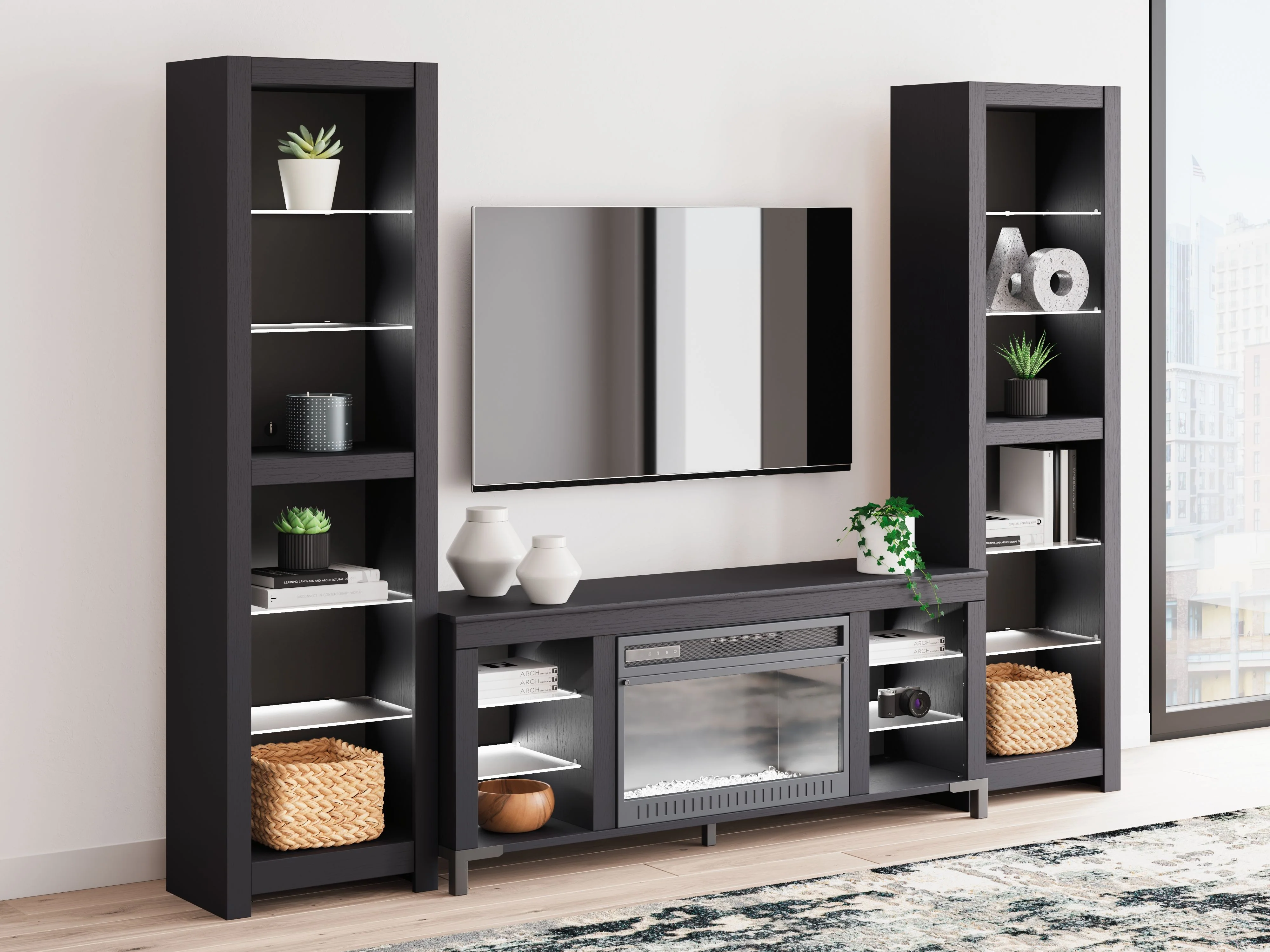 Cayberry - 3-Piece Entertainment Center With Electric Fireplace - Black - Image 4