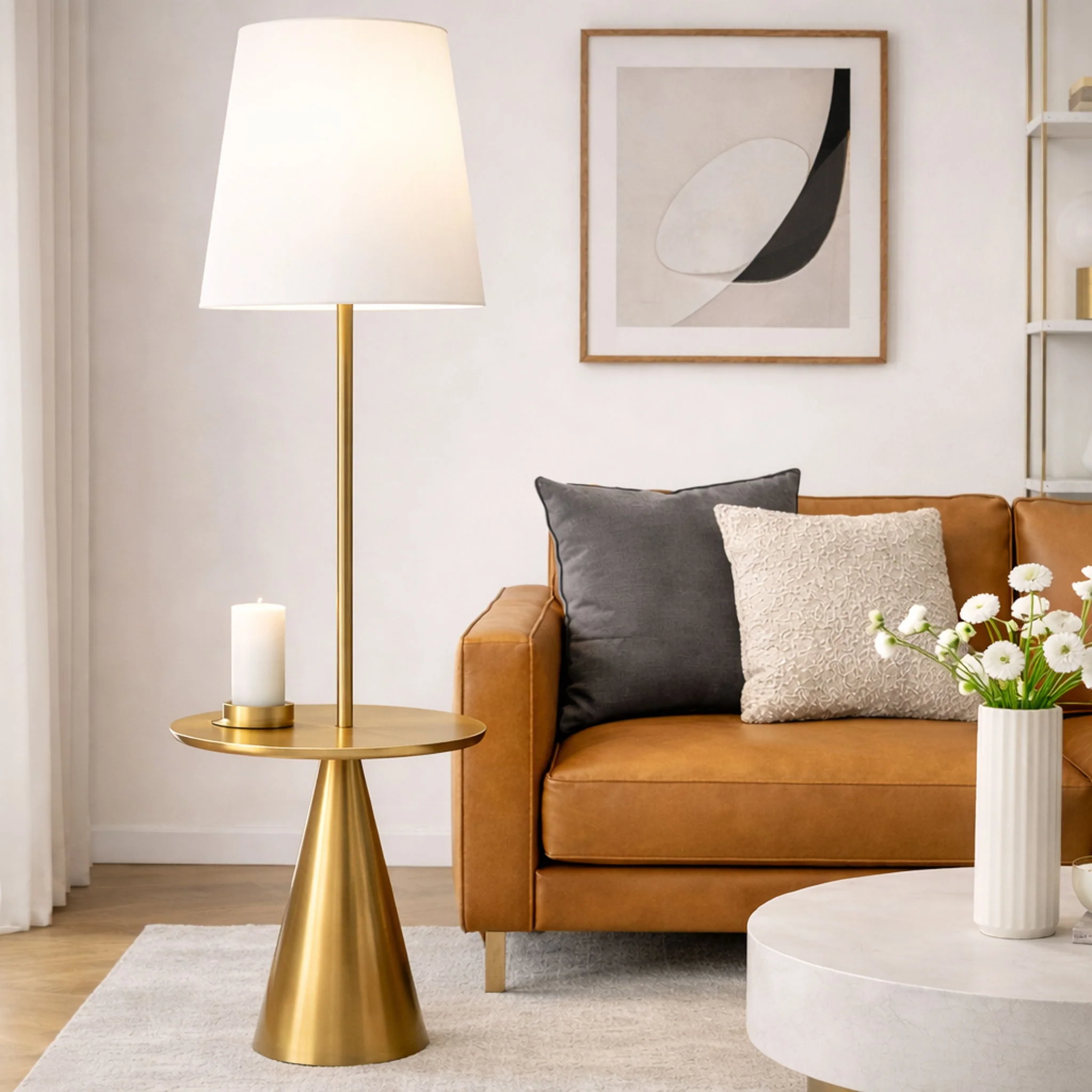 Celestial - Modern Floor Lamp With Accent Table With Large Shade - Gold / White - Image 3