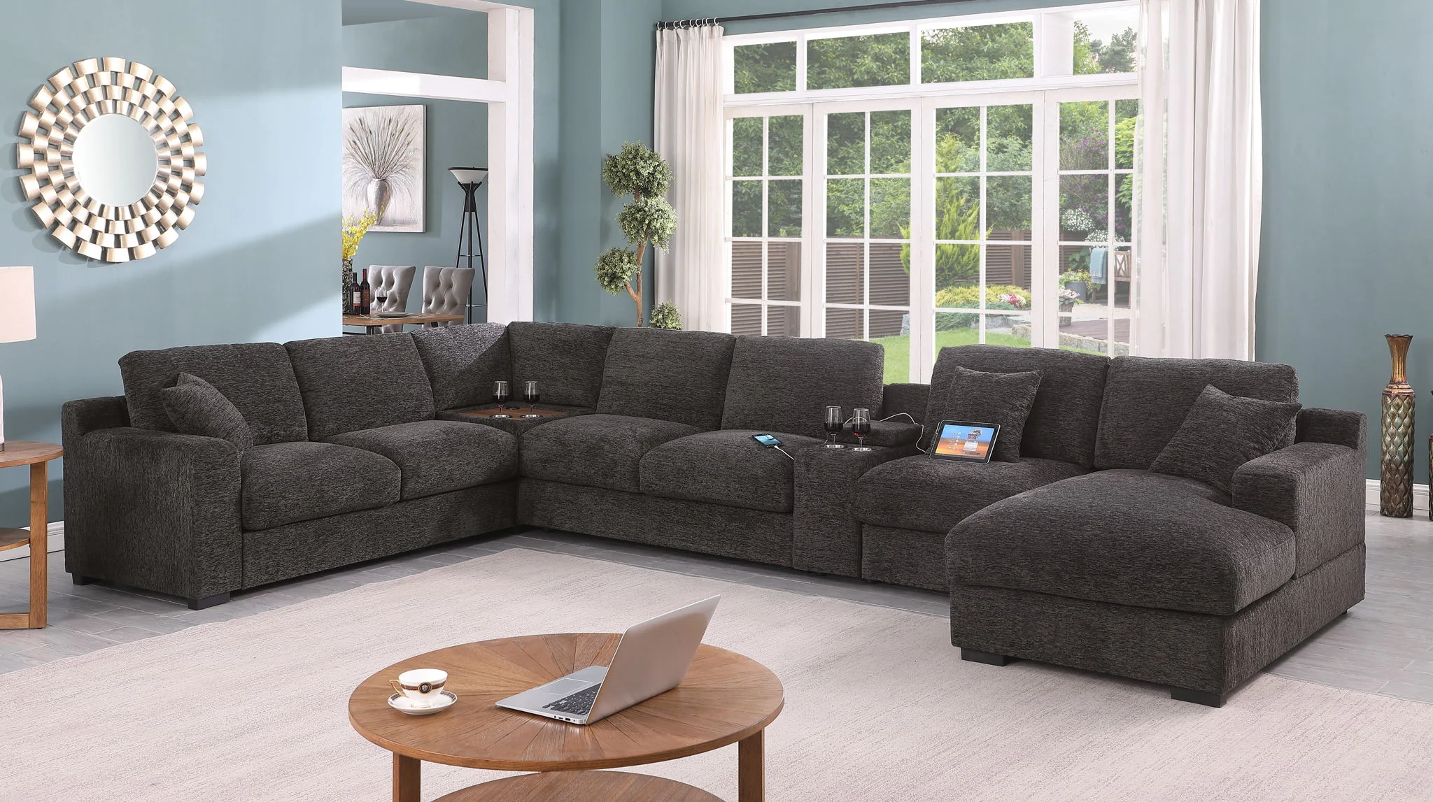 Celine - Corner Sectional Sofa With Right Facing Chaise, Cupholders, And Charging Ports - Gray - Image 7